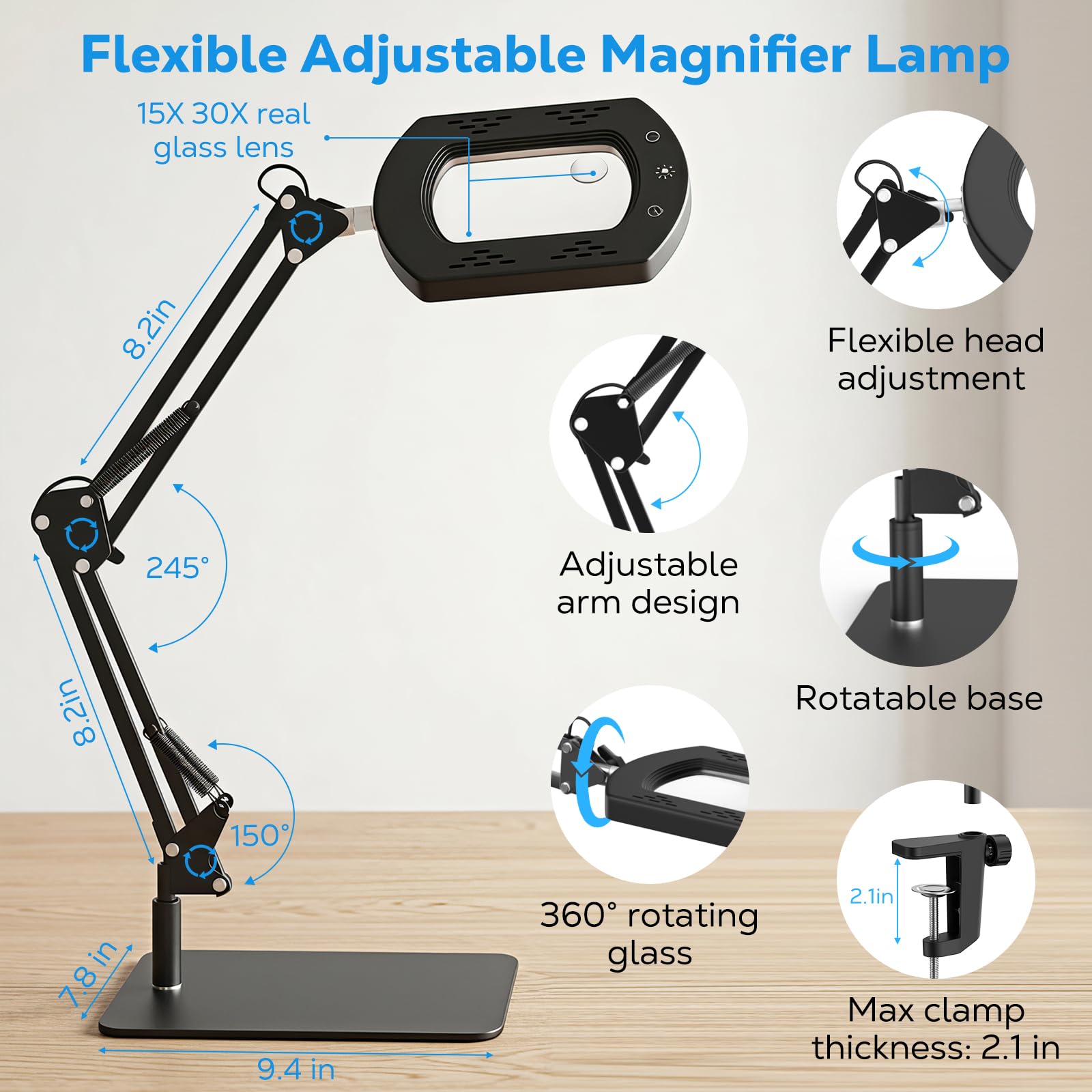 Moko Lupa 15X 30X con Luz Y Soporte, Lámpara De Escritorio con Pinza, Lupa con Luz Led Regulable Sin Escalonamientos Y 5 Modos De Color, Lupa De Escritorio para Trabajos De Precisión, Lectura, Negro