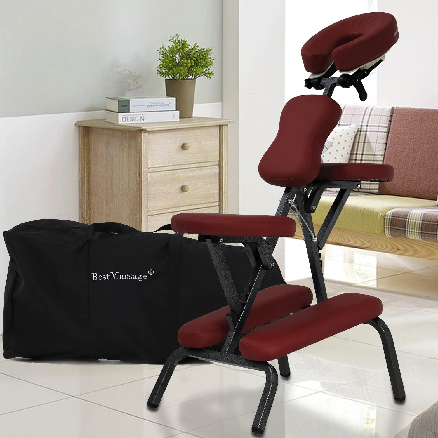 Dkelincs Portable Massage Chairs with Carrying Bag Folding SPA Chair Therapy Chair Tattoo Chair Face Cradle Salon Massage Chair 4 Inches Thickness Sponge Height Adjustable Massage Chair, Burgundy