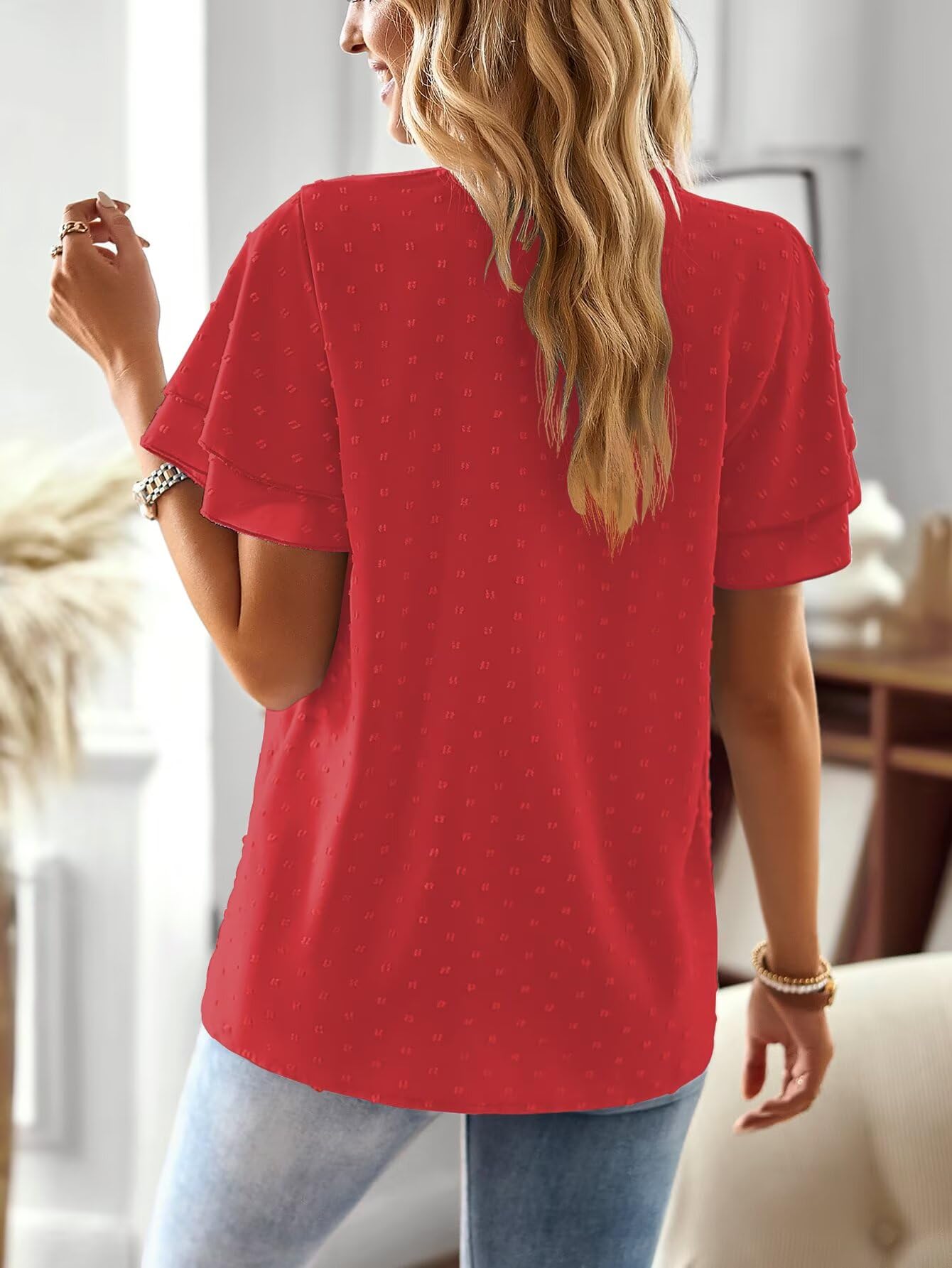 Chemisiers et Blouses Femme à Manches Courtes d'Été Col en V Tunique Bohème Fluide Chemise Élégant Lâche Plissé Blouse