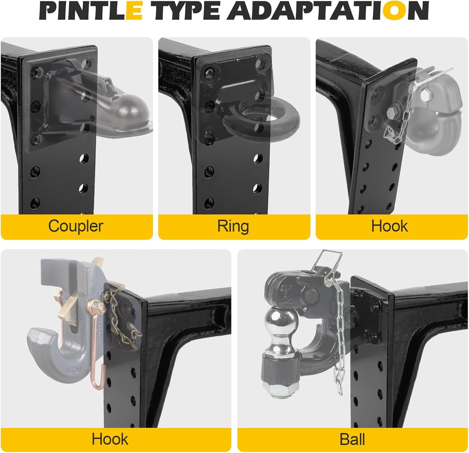 Pintle Hook Hitch Mount, Adjustable 6 Positions for 2-1/2-Inch Trailer Hitch Receiver, 20,000 lbs Capacity, 12-1/2" Height Plate, 10-3/4" Shank, Black Carbide Powder Coat