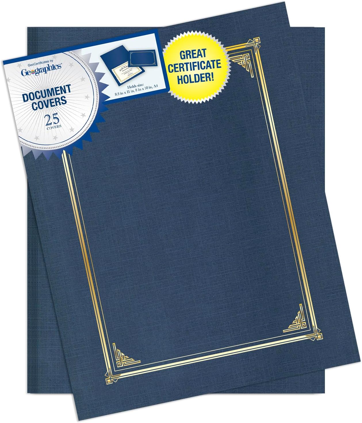 Geographics Classic Linen Certificate/Document Covers, 12.5” x 9.75”, Navy Bue (25 Pack)