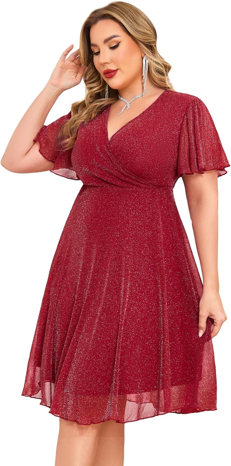 CYCLAMEN Plus Size Sparkly Mesh Dress A Line Short Ruffle Sleeve V Neck Wrap Glitter Dresses Wedding Guest Cocktail Club - Image 2