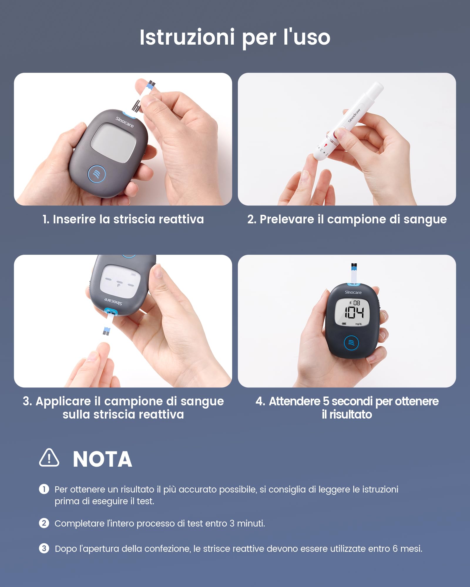 Sinocare Safe AQ Air Misuratore Glicemia Bluetooth, Glucometro con 25 strisce reattive e 25 lancette, Misuratore di Glicemia Bluetooth con App, 0,6 µL di sangue e risultati in 5 secondi