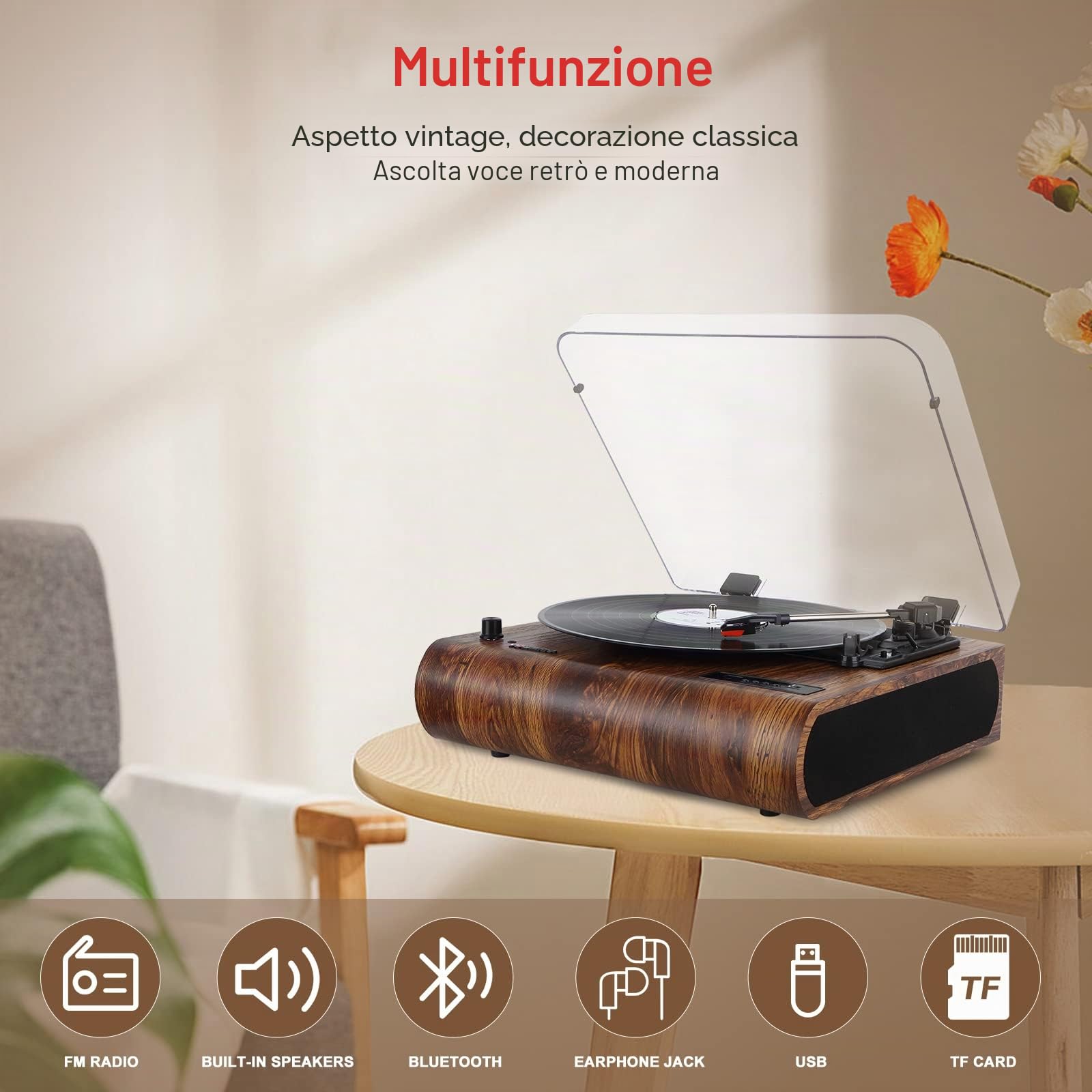 Vosterio Vinile Giradischi Bluetooth Portatile a Tre Velocità,Vintage con Altoparlanti Stereo Integrati, con Uscite RCA, Presa Cuffie, Radio FM, USB, Aux-in e display a LED
