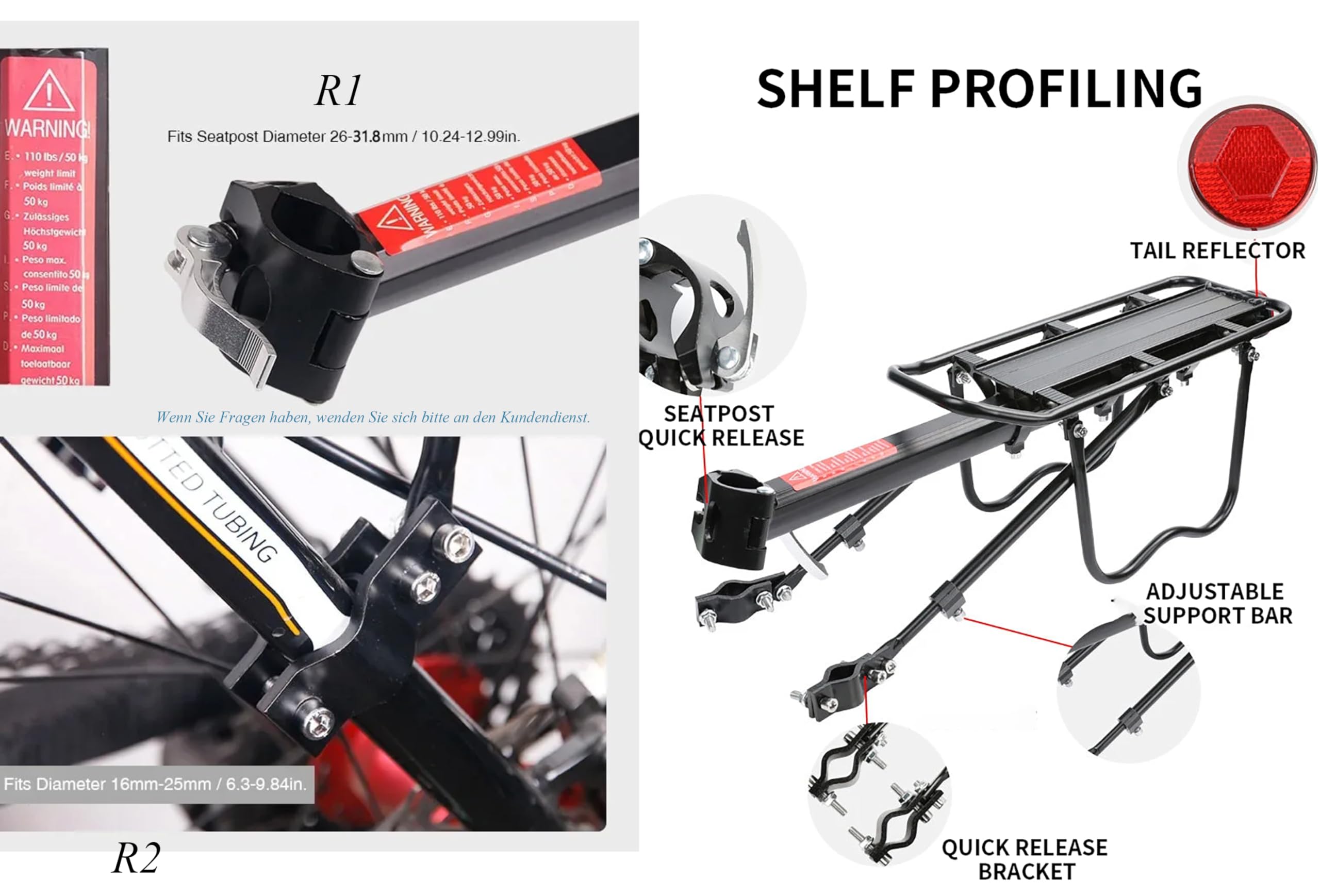 Portapacchi universale in alluminio per e-bike, mountain bike, bici da città, 50 kg, montaggio senza attrezzi, anti ruggine e anti-schegge