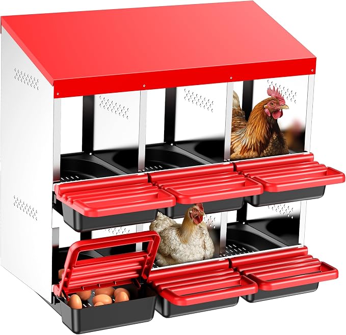 ZenxyHoC Two-Tier Chicken Nesting Boxes, Metal Chicken Egg Laying Box with Swing Perch and Rollout Egg Collection for Chicken Coop Red 6 Com