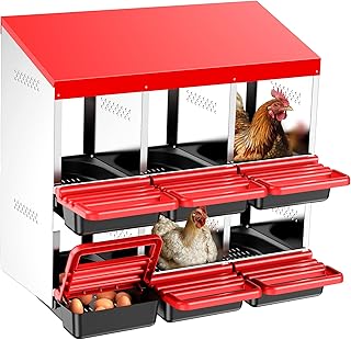 ZenxyHoC Two-Tier Chicken Nesting Boxes, Metal Chicken Egg Laying Box with Swing Perch and Rollout Egg Collection for Chicken Coop Red 6 Compartments