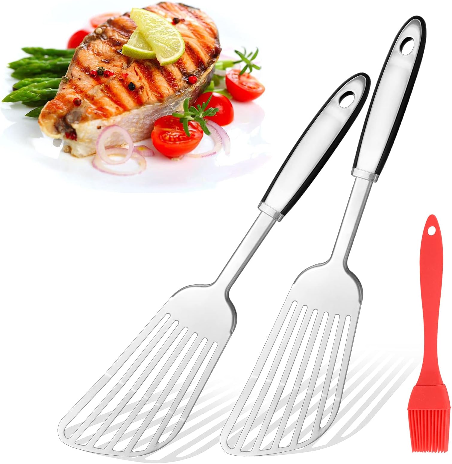 Fish Spatula, Stainless Steel Spatula With Hanging Hole Thin Slotted Sturdy Heat-Resistant Nonstick for Cooking Flipping Frying Grilling fish meat eggs (2 Pack)