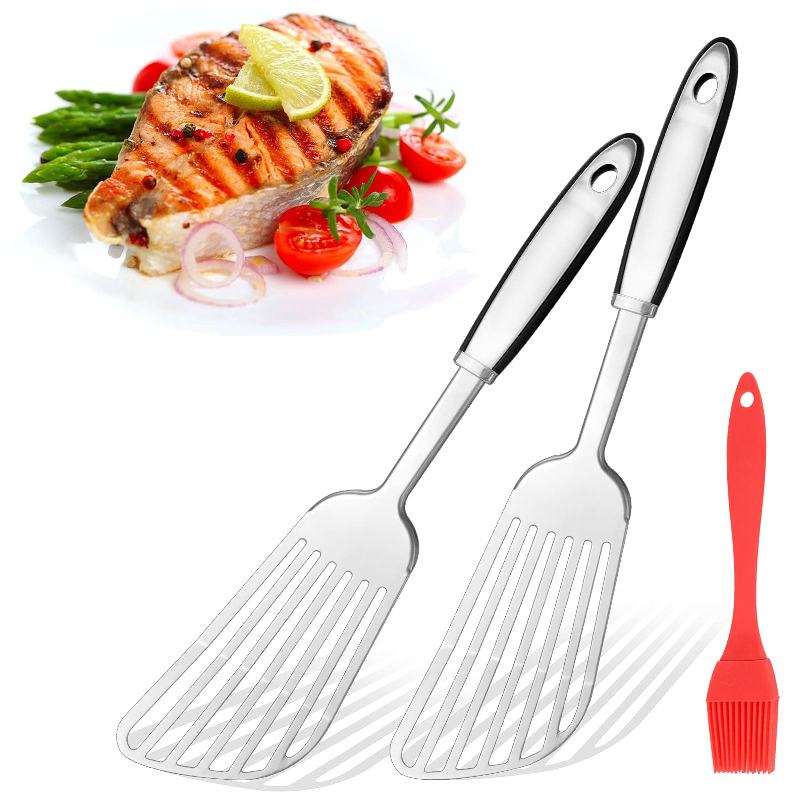 Fish Spatula, Stainless Steel Spatula With Hanging Hole Thin Slotted Sturdy Heat-Resistant Nonstick for Cooking Flipping Frying Grilling fish meat eggs (2 Pack)