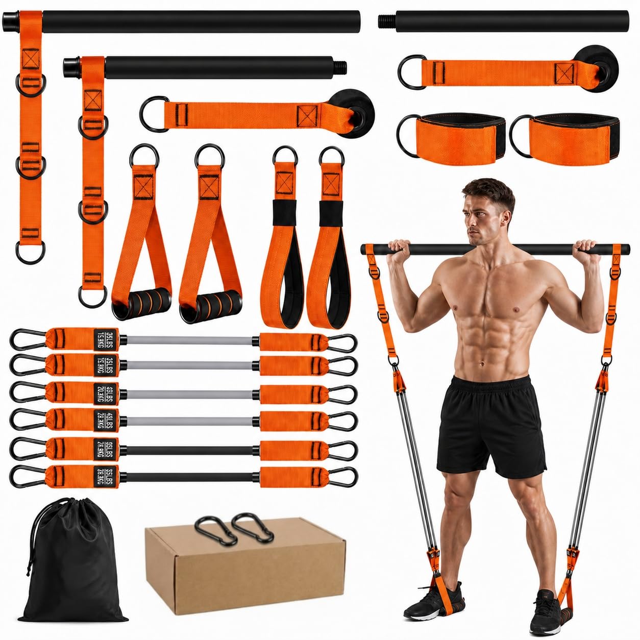 SOONHUA Kit Pilates en Casa, Barra de Pilates con 6 Bandas de Resistencia de Caucho Natural hasta 270 LBS, Equipo Multifuncional de 19 Piezas para Entrenamiento de Fuerza y Gimnasio Portátil