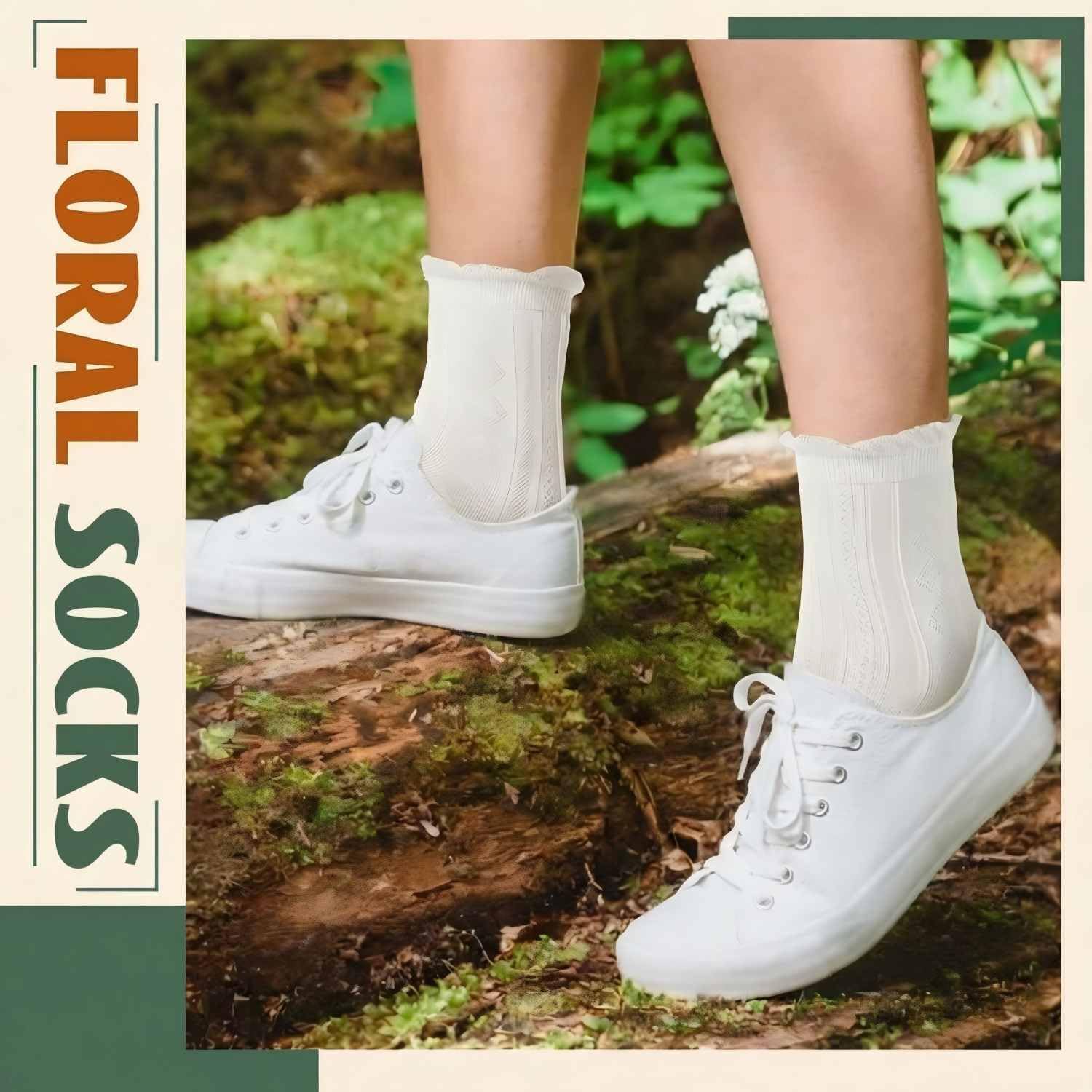 Shyyween 10 Pairs Cute Socks Women's Lace Ruffles Ankle Casual Flower Frilly Fancy Cotton Cottagecore Floral Mid Tube Socks