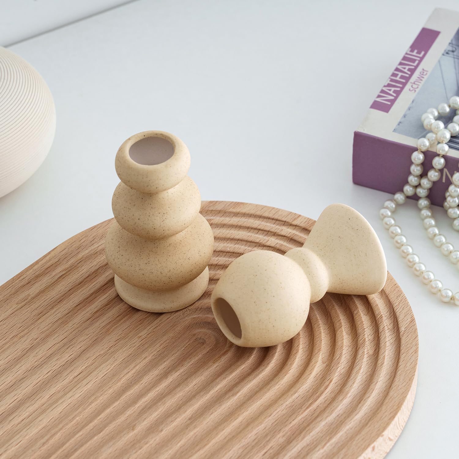 Taper Ceramic Candle Holders, Set of 2 Matte Boho Decorative Candlestick Holders,Table Decor Centerpiece for Home Decor Dinning Wedding Party Aromatherapy Votive (Matte Ivory, Style A) image 4