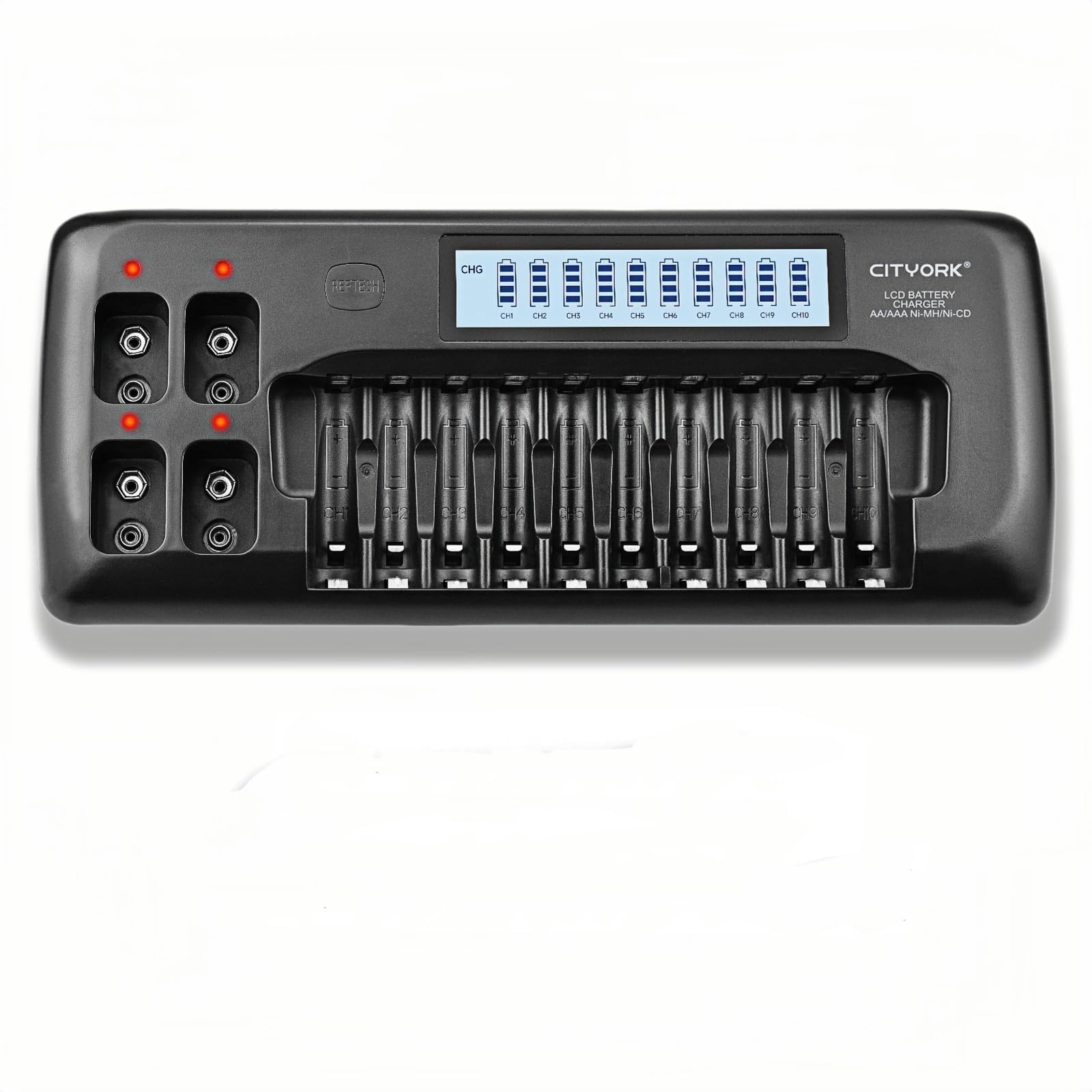 CITYORK Batteria da 10 + 4 slot LCD, per batterie ricaricabili da 1,2 V, AA/AAA NI-MH, batterie ricaricabili agli ioni di litio da 9 V, con protezione IC integrata