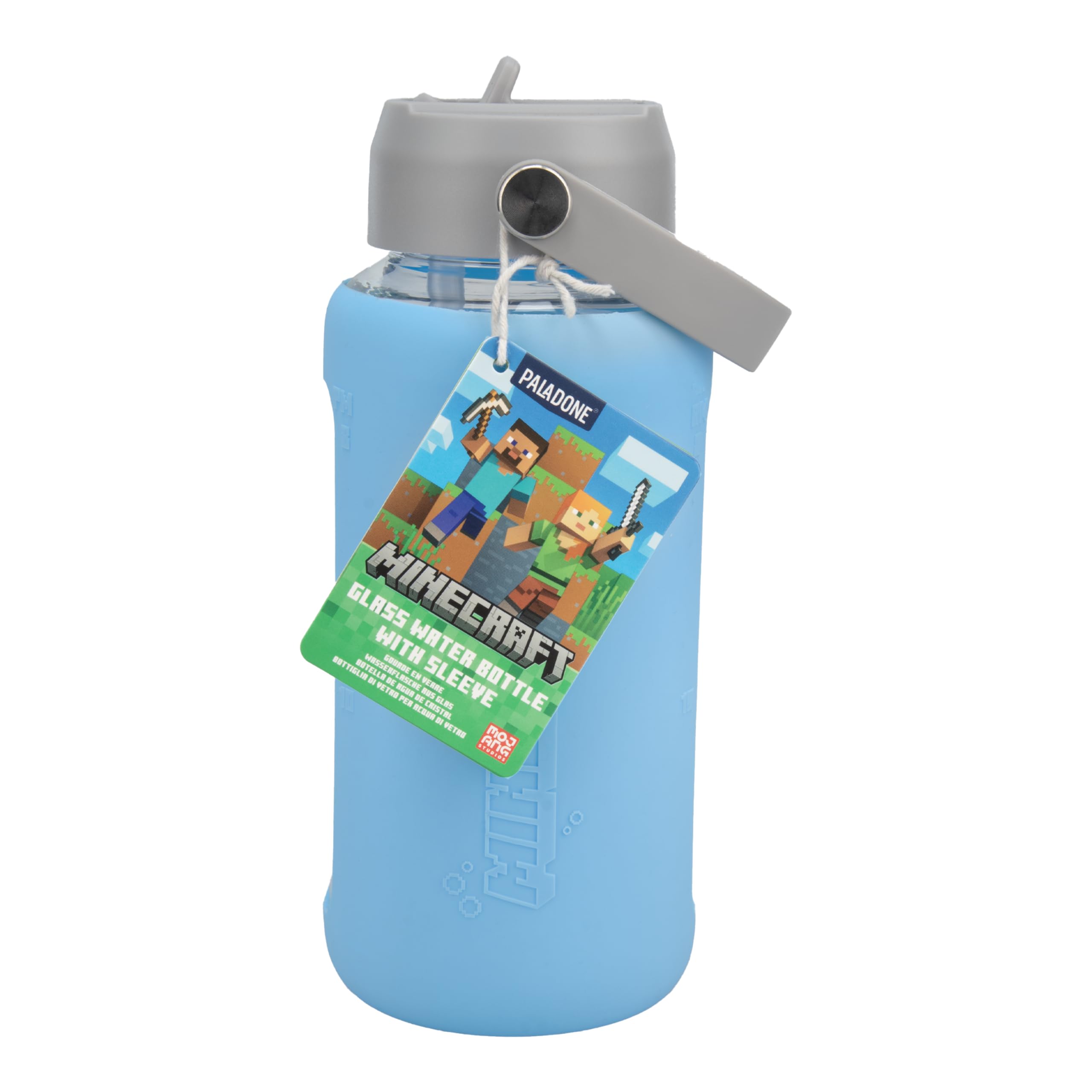 Paladone Minecraft Axolotl Glass Water Bottle with Silicone Sleeve, 800ml, Dishwasher Safe, Officially Licensed Drinkware