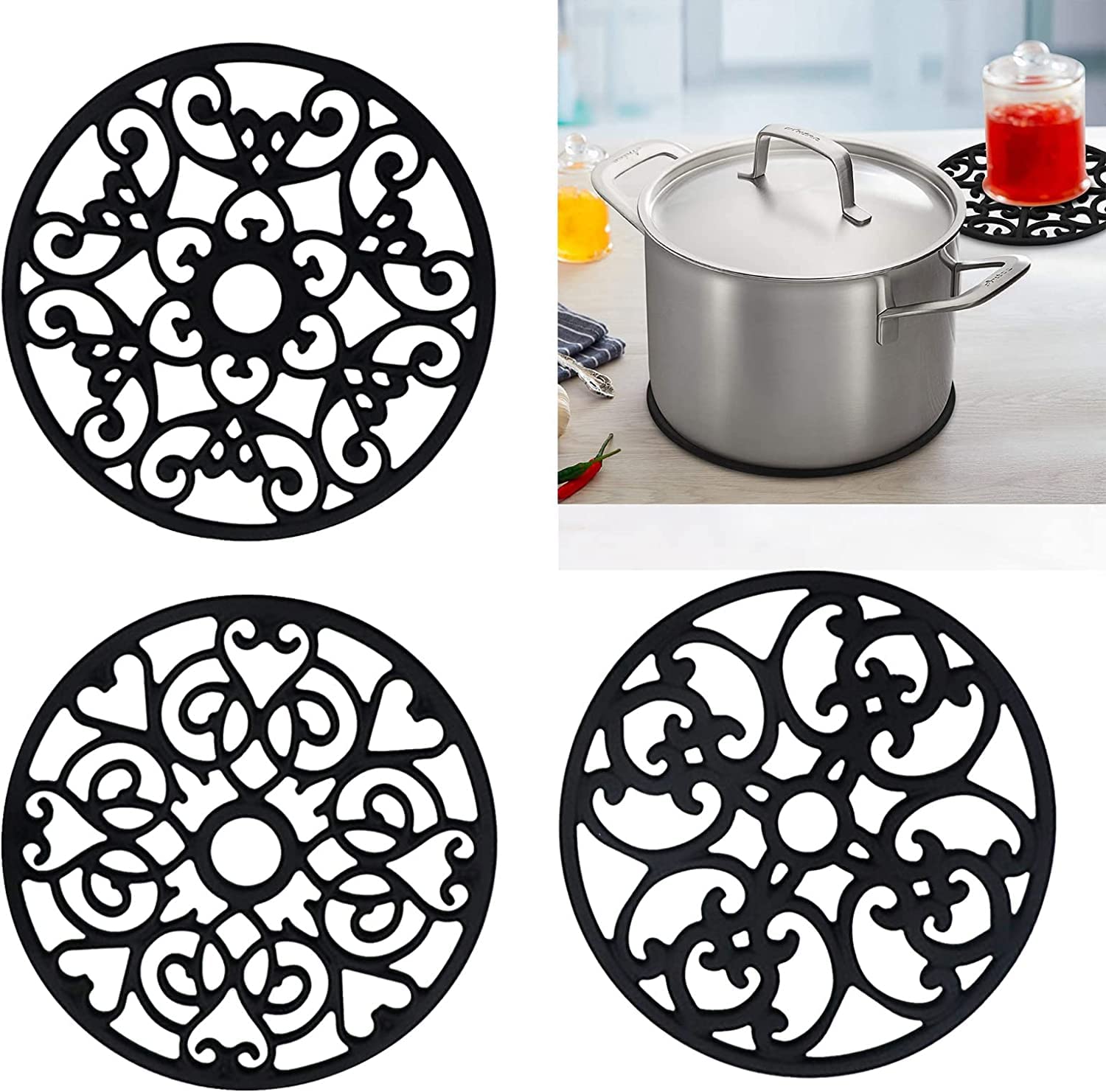 Oter Silicone Trivet Mat - Hot Pot Holder Hot Pads for Table & Countertop - Teapot Trivet Kitchen Trivets - Non-Slip & Heat Resistant Modern Kitchen Hot Pads for Pots & Hot Dish Black Trivet Set of 3