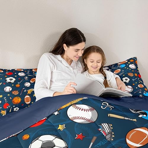 Miniatura 6 de Feelyou Juego de edredón con temática deportiva, juego de ropa de cama de pelota azul 3D, juego de ropa de cama de béisbol, fútbol, baloncesto, para