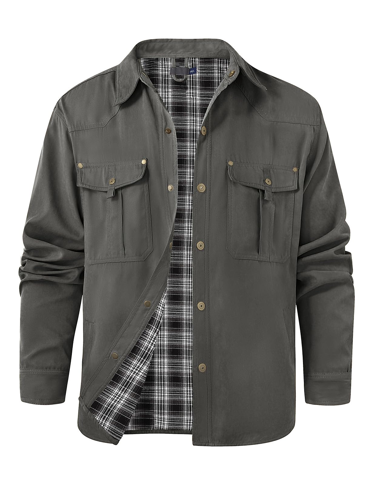 Voqeen Chaqueta Hombre Manga Larga Casual Plaid Cazadora Entretiempo Botón Snap Casual Chaqueta Primavera Rugosa Forrada De Franela Cazadora Entretiempo Chaqueta Ligera