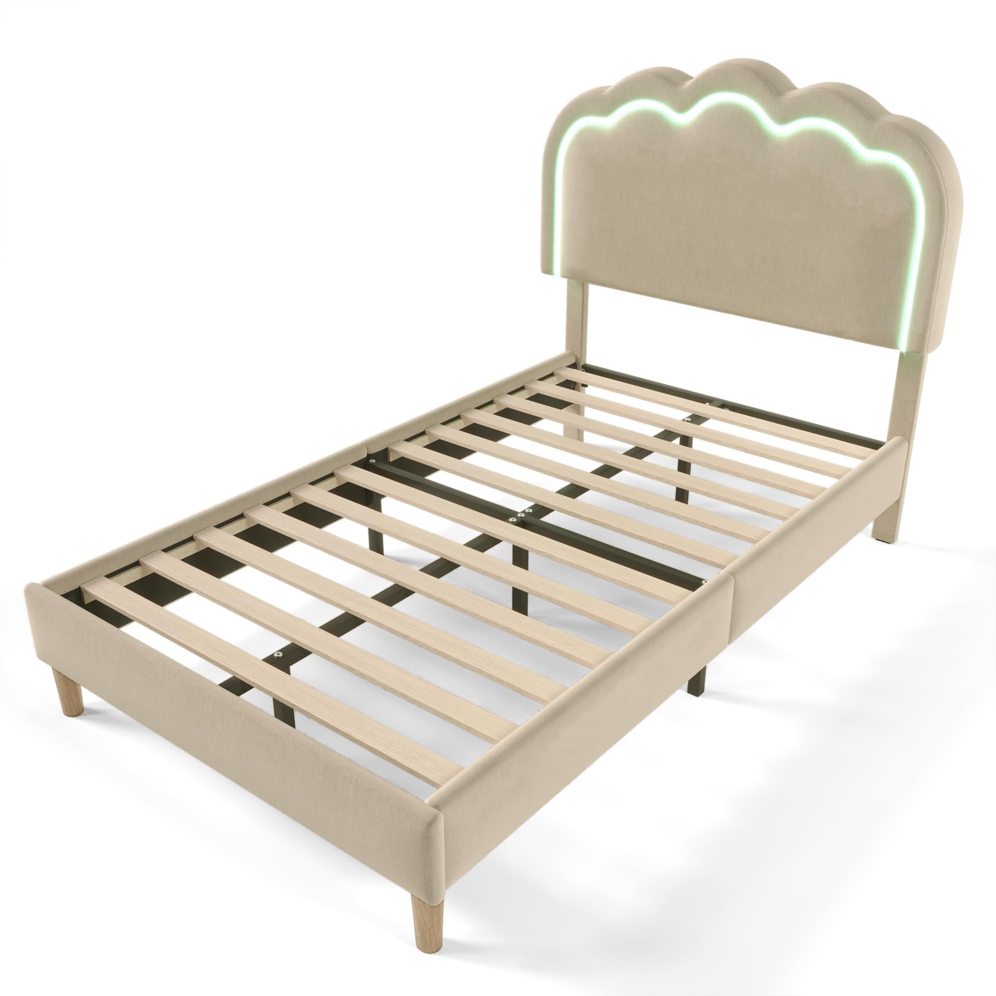 Gecheer Letto con Testiera a LED, Pompon Letto Matrimoniale 90x200 cm, Rivestito in Lino Beige, con Luci LED Regolabili e Modalità Musica, Struttura Robusta, Altezza Regolabile, per Camera da Letto