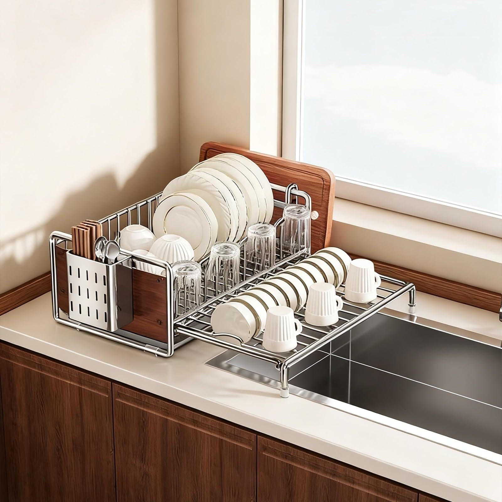 ARUNASC dish racks Dish Drying Rack countertop Kitchen Organizer with Drainage Large Bowl Rack Storage Racks with Drainage Board drainer(Full Set,Single layer)