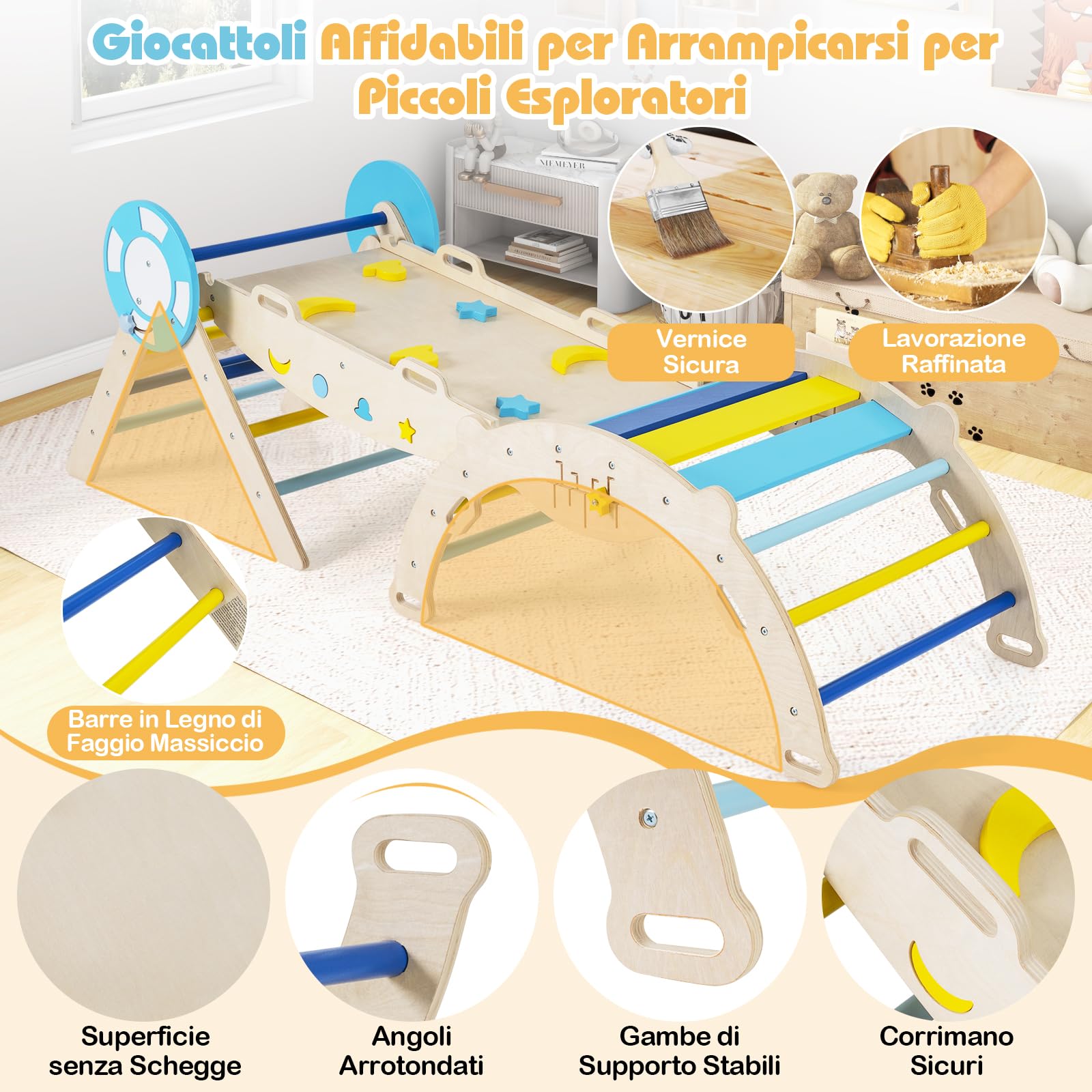 RELAX4LIFE Set da Arrampicata per Bambini, Triangolo di Arrampicata con Scivolo e Arco, Gioco di Incastri in Legno, Gioco Montessori per Bambini 1+ Anni (Marinaio-3 Pezzi | Macaron)