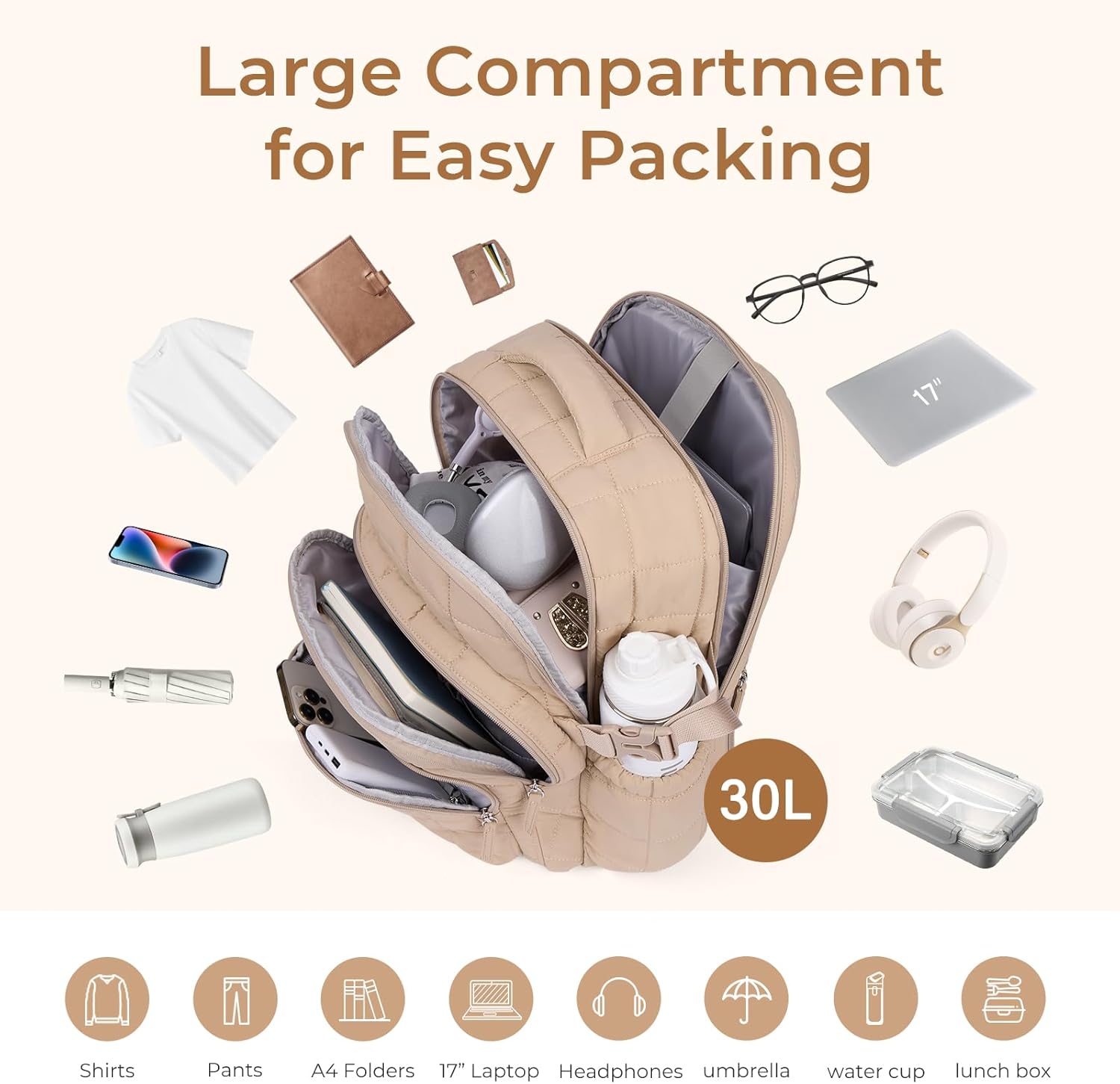 CLUCI 17.3 Inch Laptop Backpack for Women, Anti Theft Travel Backpack, Puffer Quilted Work Backpack, Water Resistant College Bookbag, Carry on backpack with RFID (Khaki) - Image 5