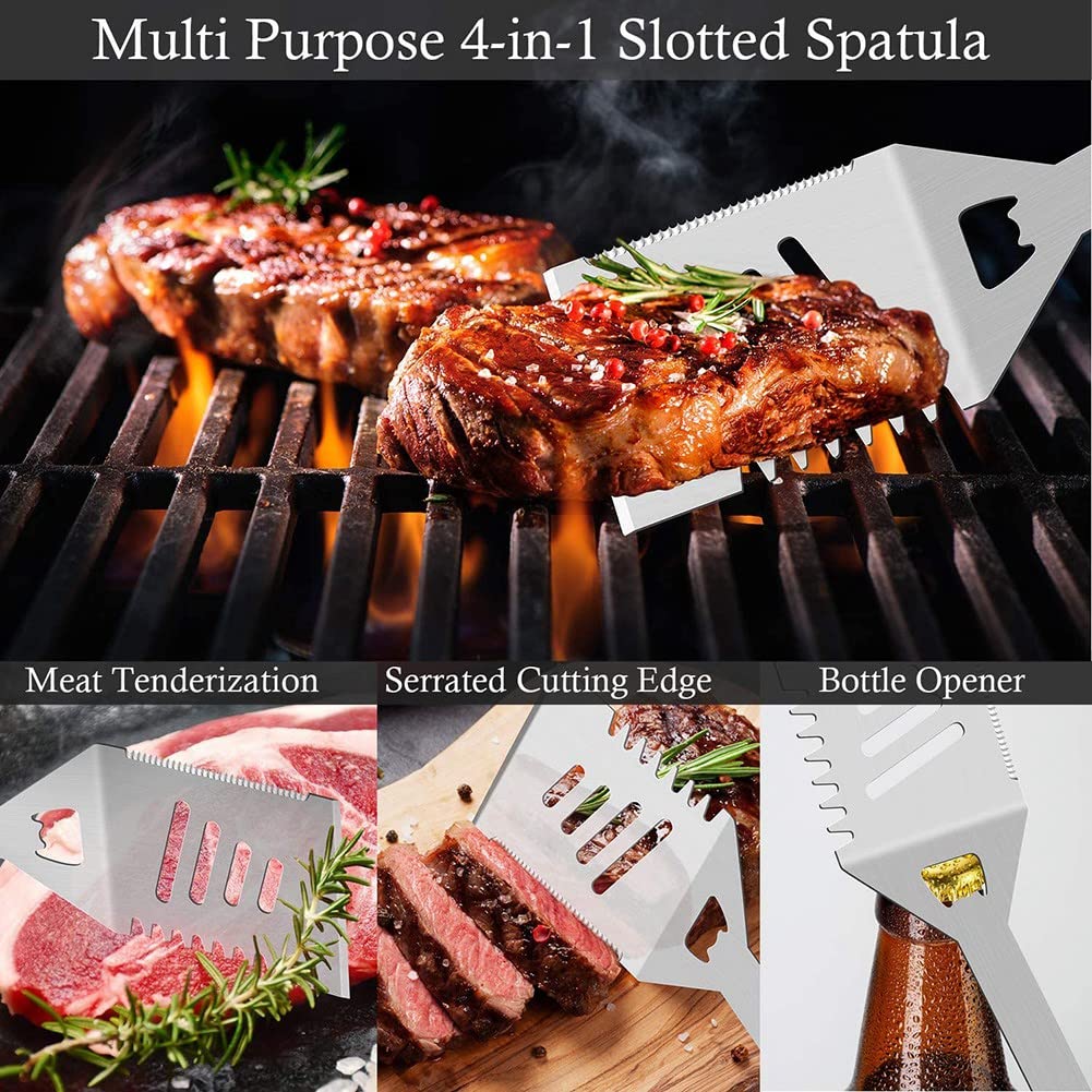 ICOBES Set di attrezzi per barbecue in acciaio inox, 29 pezzi, accessori per barbecue, valigetta in alluminio, per esterni, campeggio, argento