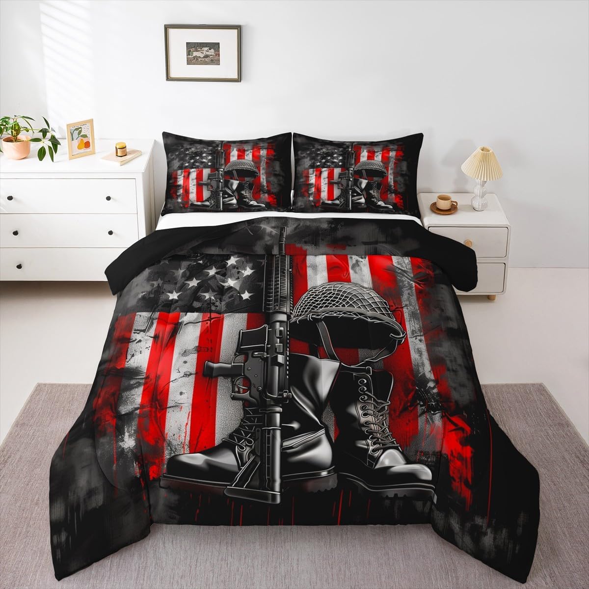 Erosebridal American Flag Comforter Set,Vintage Soldier Guns Bedding Set Black Grey Camo USA National Flag Comforter Retro Combat Boots and Hat Duvet Insert Queen 3Pcs, Independence Gifts
