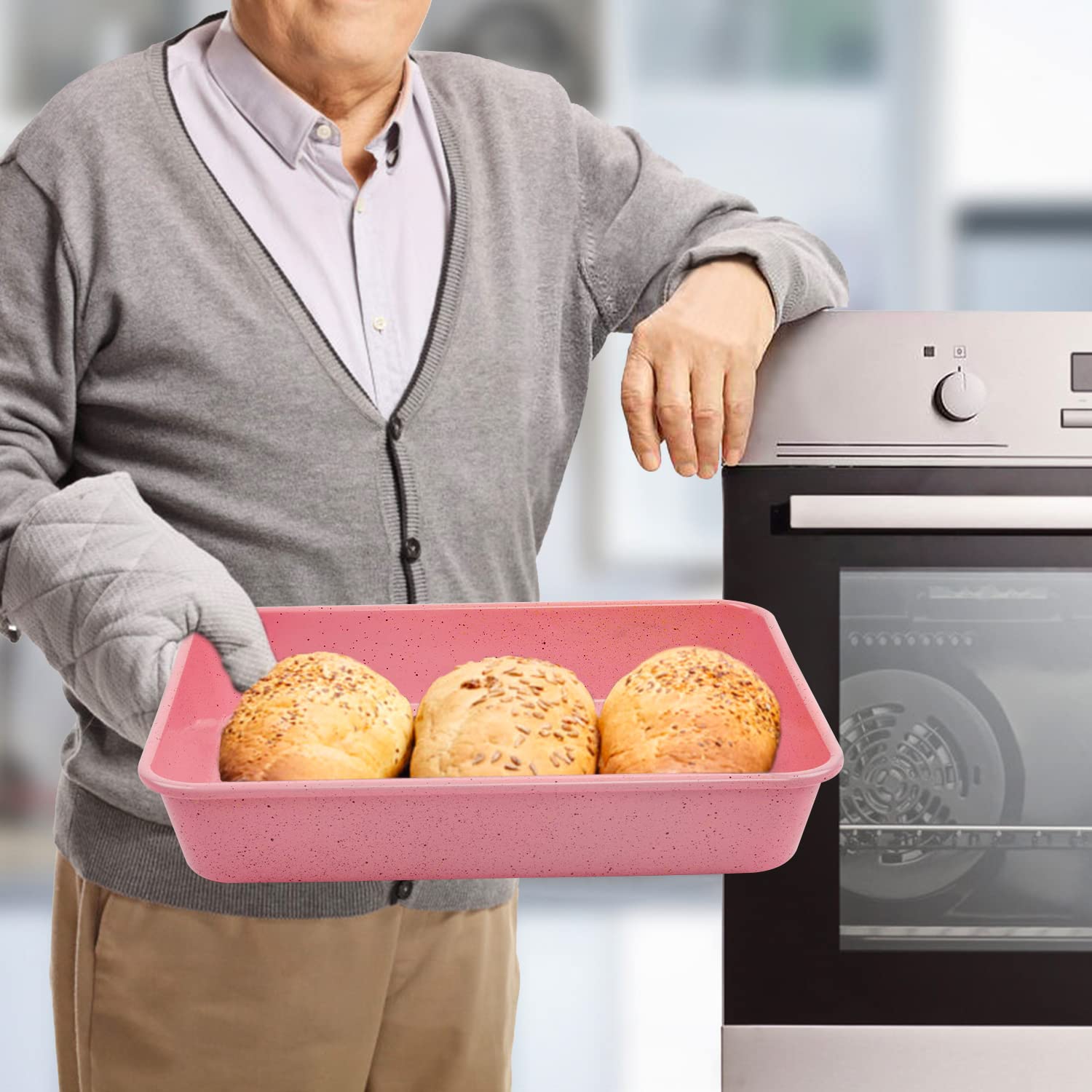Teglie da forno, confezione da 3 teglie antiaderenti per biscotti per brownie, teglie per pane resistenti, rettangolari e arrosti, antiaderenti e facili da pulire, 20 cm, 30 cm, 33 pollici (rosa)