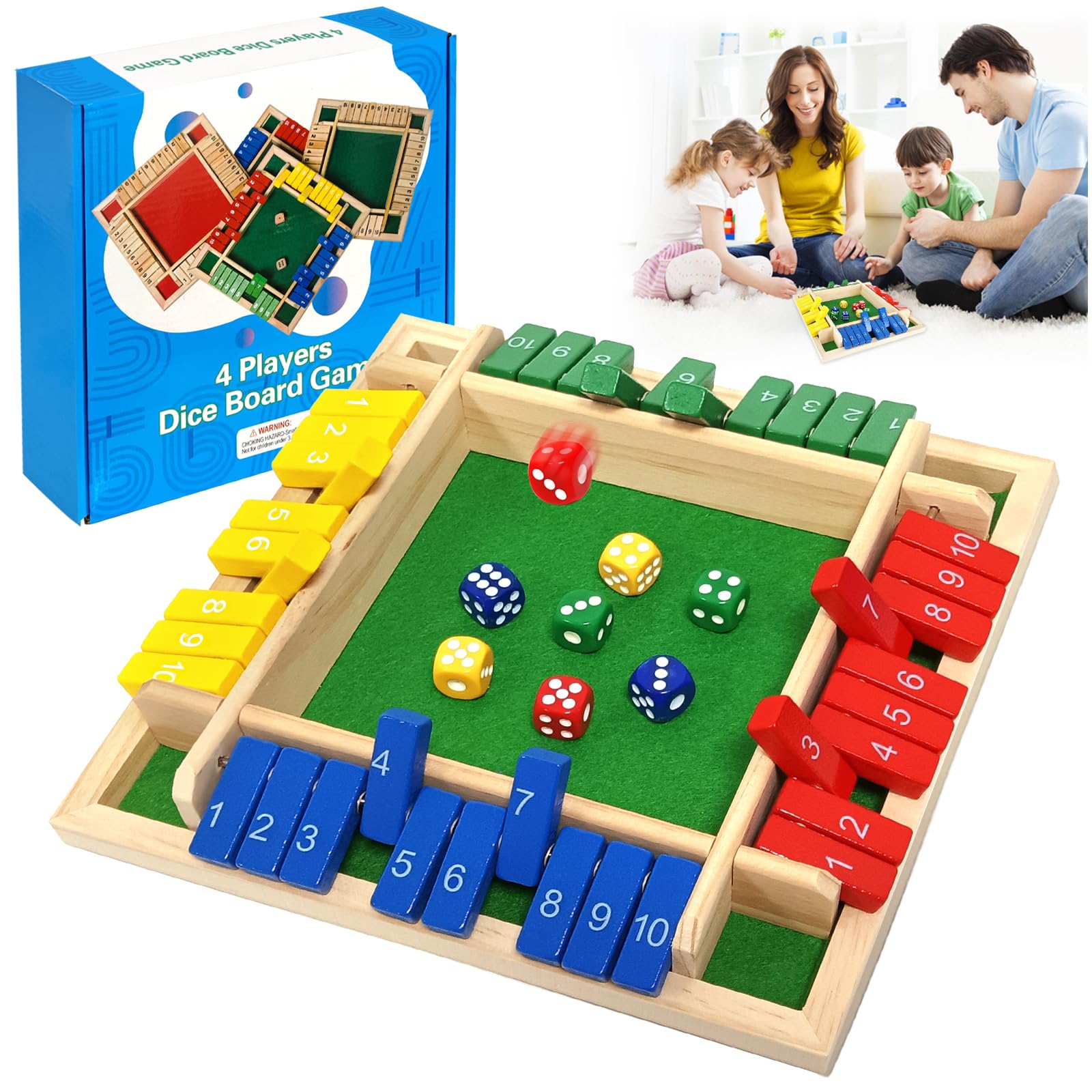 Shut the Box Classic Wooden Board Game with Dice 4 Player