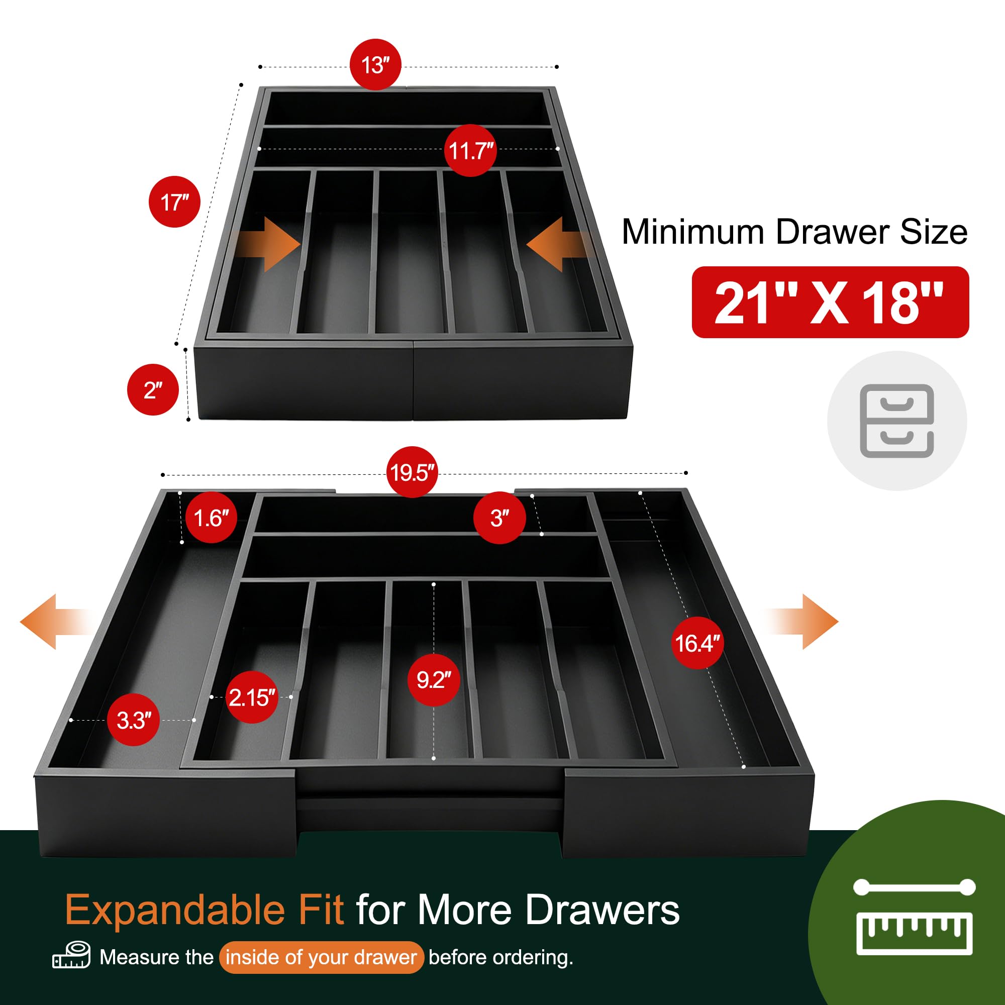 Duży bambusowy organizer na sztućce premium, rozszerzalny organizer do szuflad i organizer na przybory, taca na sztućce 43 cm x 50 cm, z przegrodami, na przybory kuchenne i sztućce (7–9