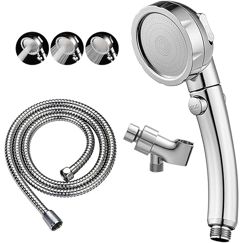 KAIYING Chrome High Pressure Handheld Shower Head with ON/OFF Pause Switch, 3 Spray Modes Shower Wand with Shut Off Button, Removable Camper Shower Head with Hose and Adjustable Angle Bracket