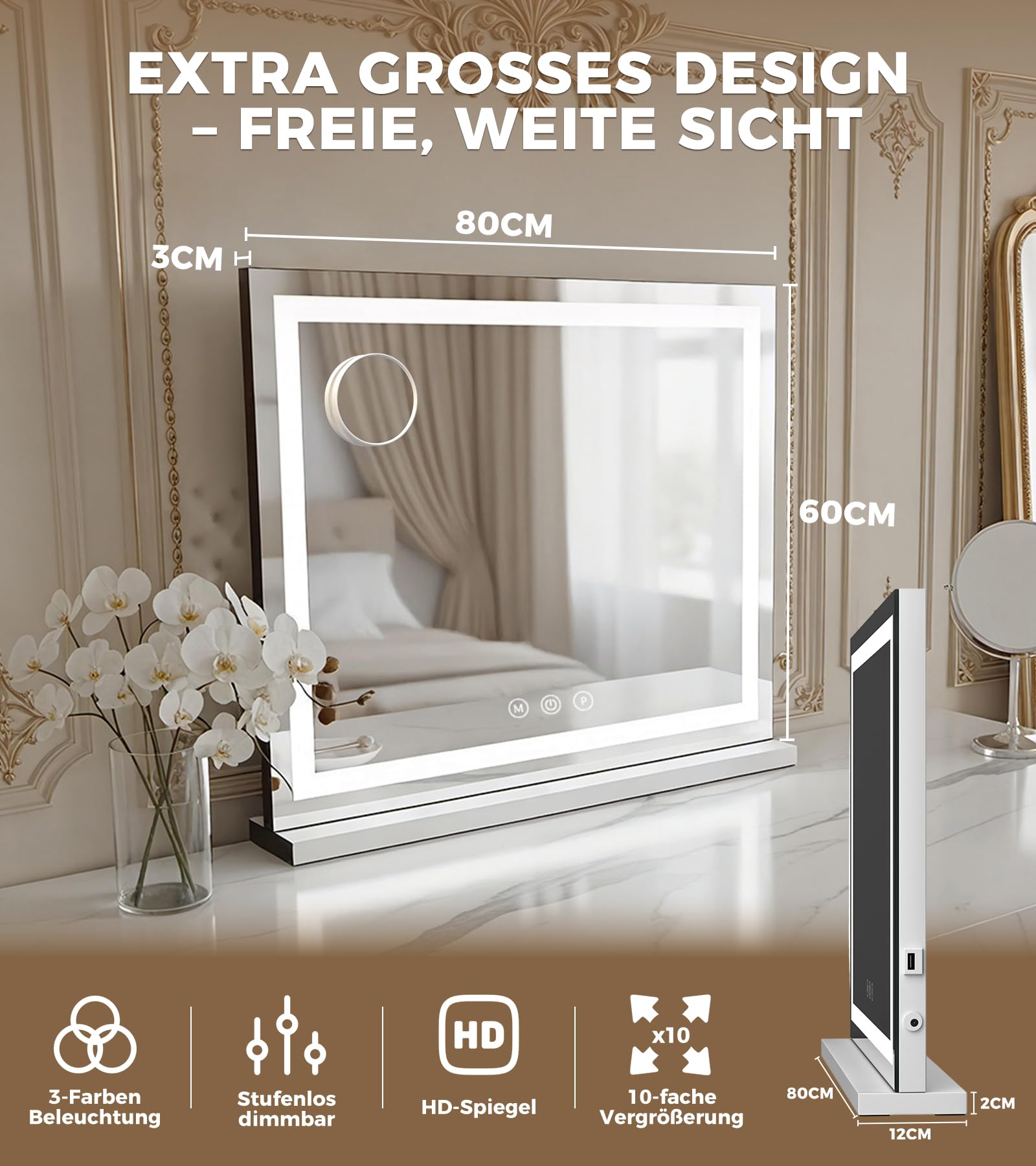Schminkspiegel mit Beleuchtung 80x60cm, LED Kosmetikspiegel mit 3 Lichtmodi, Dimmbar, 10X Vergrößerung & USB-Anschluss, ideal für Schlafzimmer & Schminktisch (Lichtband 80×60 cm)
