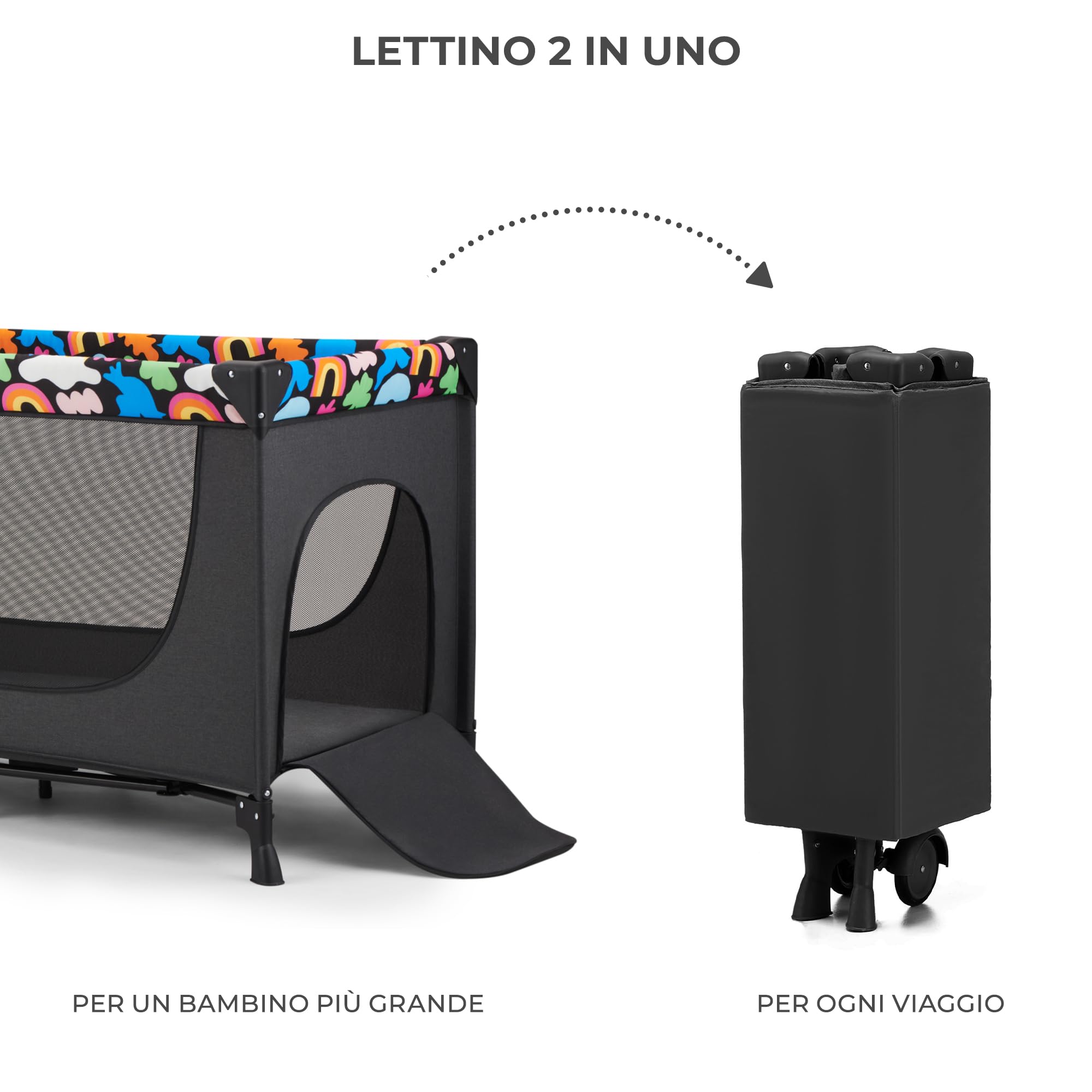 Kinderkraft JOY 2 Lettino Bambino 2 in 1, Culla Viaggio, Pieghevole, Giocattoli, Borsa Trasporto, per Bambini da 0-25 Kg, Happy Shapes