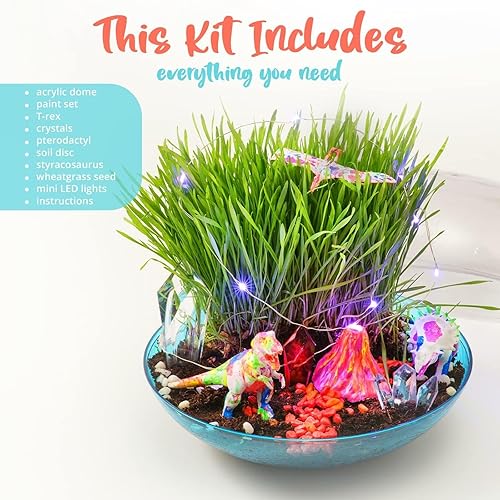 Miniatura 6 de Bryte Kit de terrario de dinosaurio iluminado para niños, hábitat de dinosaurios con plantas reales, figuras, volcán y luces LED, kit de ciencia de