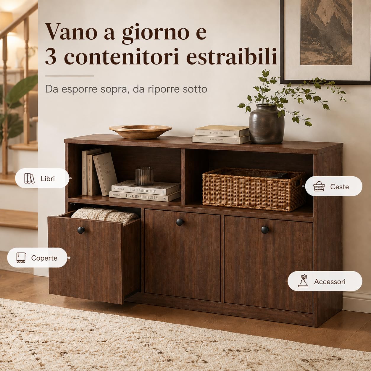 Armadietto Salvaspazio, Mobile Contenitore con 3 Contenitori Estraibili