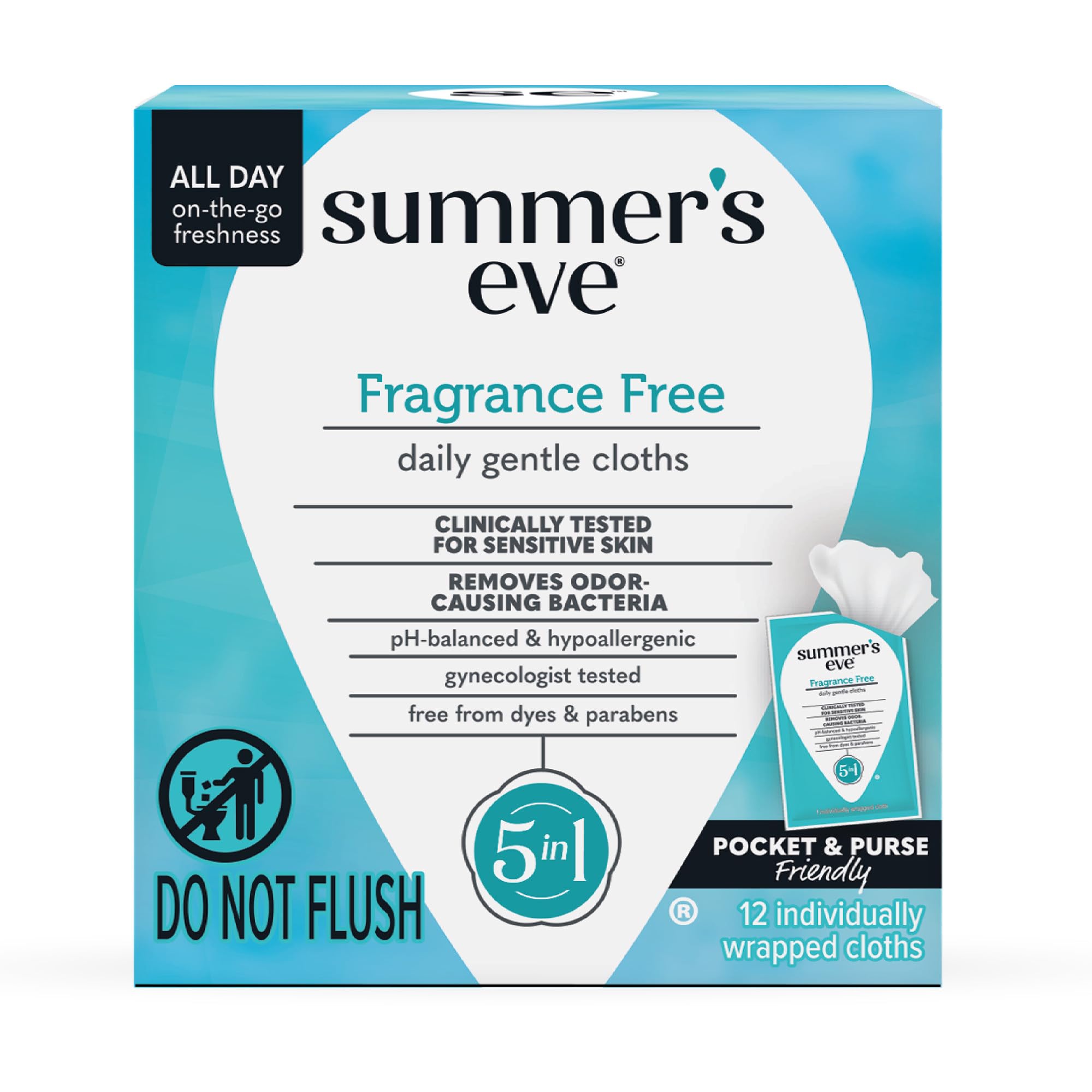 Fragrance-Free Feminine Wipes, Gentle pH-Balanced Micellar Water Based Formula Helps Control Vaginal Odor, Individually Wrapped, 12 Wipes