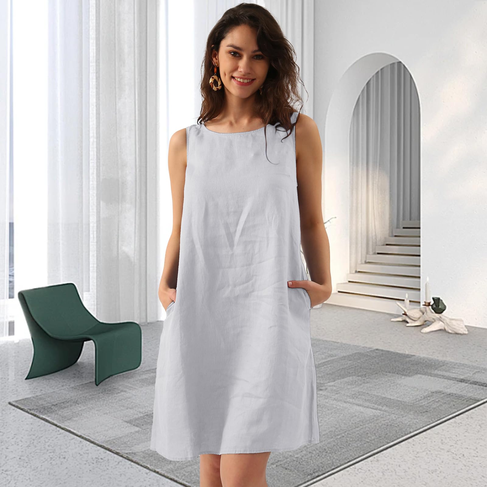 Amazhiyu Leinenkleider Damen Sommer Knielang Leinen A Linien Kleid