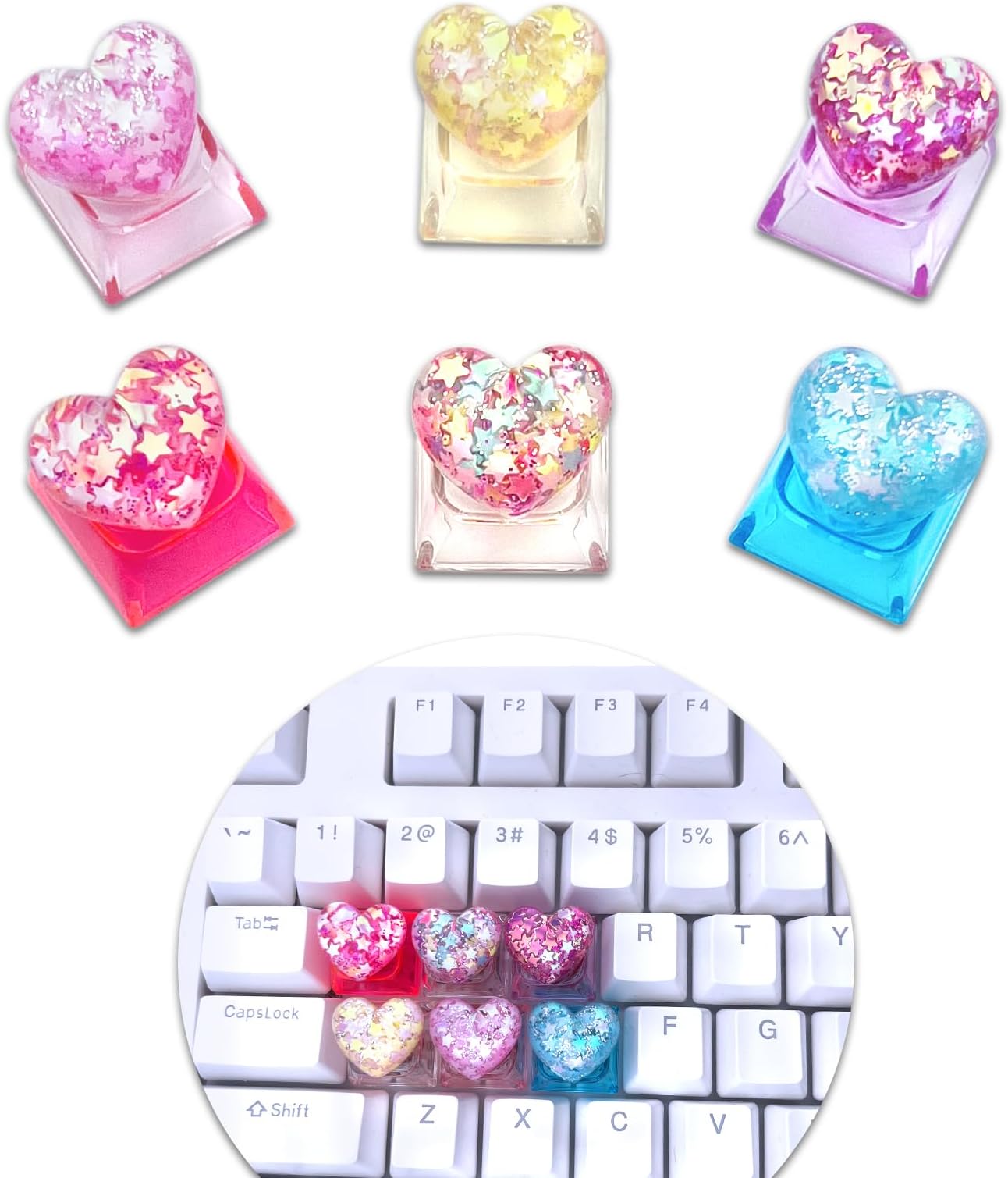 6PCS Bling Heart Custom Keycaps - Cute Artisan Keycap Replacement Key for Cherry MX Mechanical Keyboards，OEM Decoration Profile for Computer Gaming Keyboards，Artisan ESC OEM Key Cap