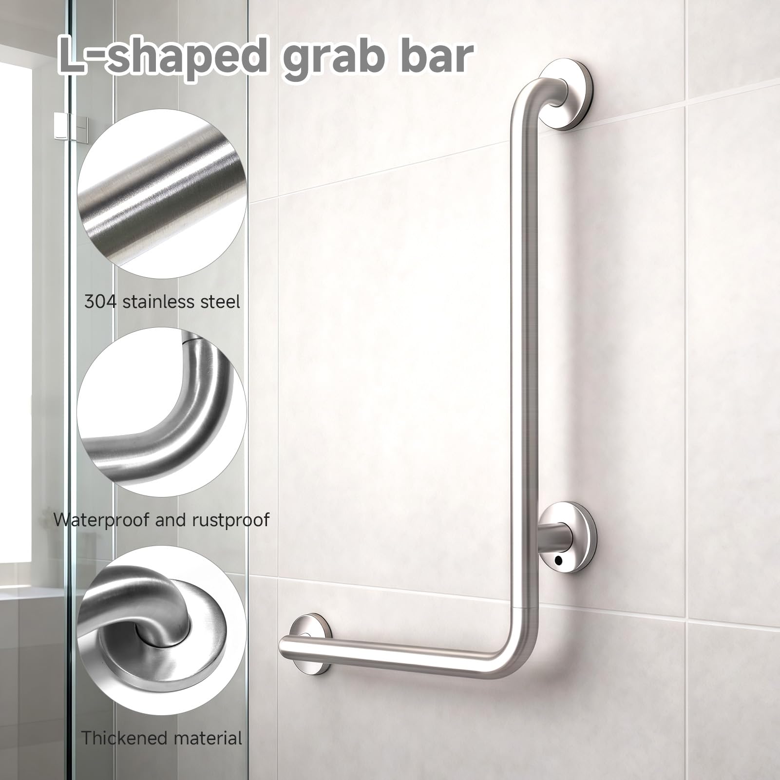 Maniglione Bagno Disabili, Maniglia Doccia Acciaio Inox 304 70x50cm | Sinistra, Barra di Sicurezza e Sostegno ad Angolo L per WC, Supporto Parete per Anziani e Disabilità
