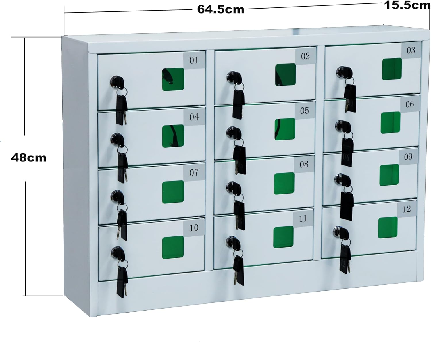 Safe and Convenient 12 Compartment Mobile Phone Steel Locker with Charger Charging Station Cabinet and Key is Perfect for Students and Employees,