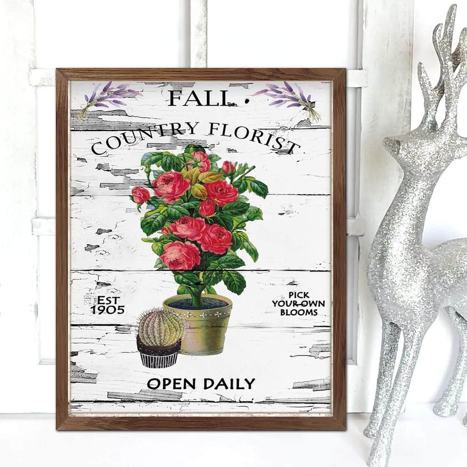 Country Florist Open Daily Wooden Framed Signs Fresh Red Flower in Vase Door Sign Rustic Garden Floral Wood Wall Hanging Decorative for Grandpa Papa Dad Boyfriend Teacher 20x16inch
