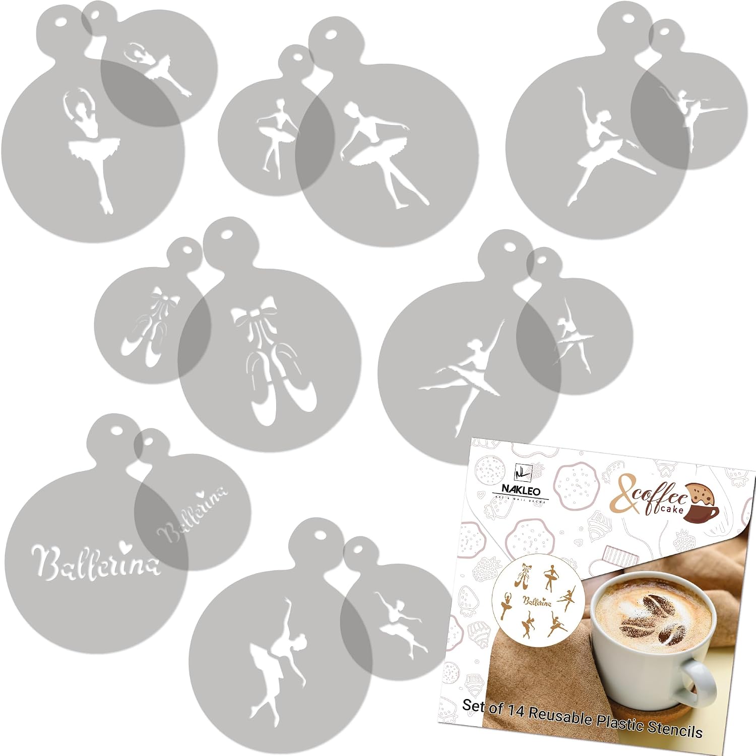 NAKLEO Coffee Stencils and Cookies Decoration 14Pcs 2.8”x2.8” and 4.3”x4.3”, Reusable Plastic Baking Templates, Emotion Smileys Emoticon, Barista DIY Art Craft, Capuccino Latte Chocolate Cake Biscuit