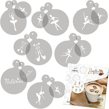 NAKLEO Coffee Stencils and Cookies Decoration 14Pcs 2.8x2.8 and 4.3x4.3, Reusable Plastic Baking Templates, Ballerinas Dancers Ballet, Barista DIY Art Craft, Capuccino Latte Chocolate Cake Biscuit