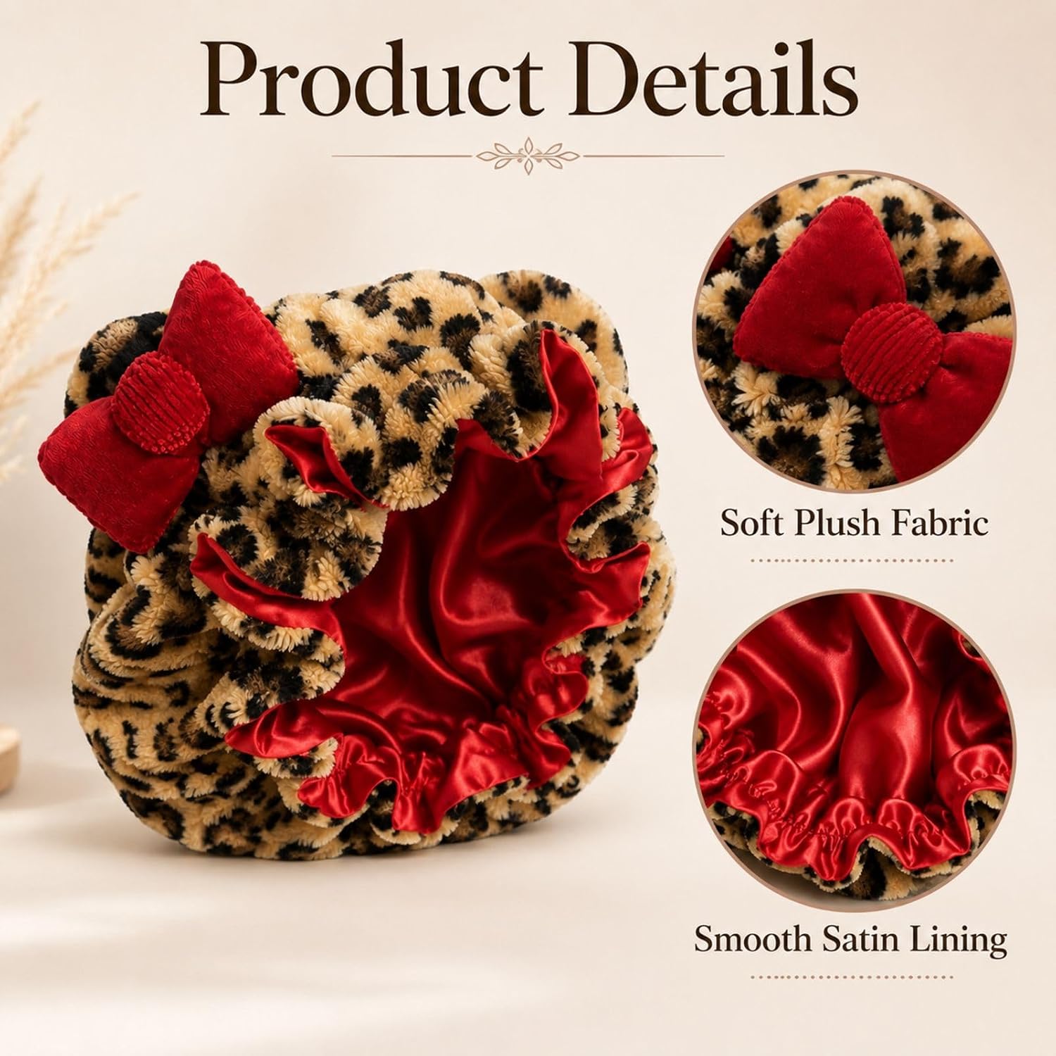 Teddy Bear Bonnet with Leopard Print, Cheetah Print Bonnet with Ears for Fashion Accessories, Soft Fabric Headwear for Daily Use, Adjustable Fit for Various Head Sizes (Red)