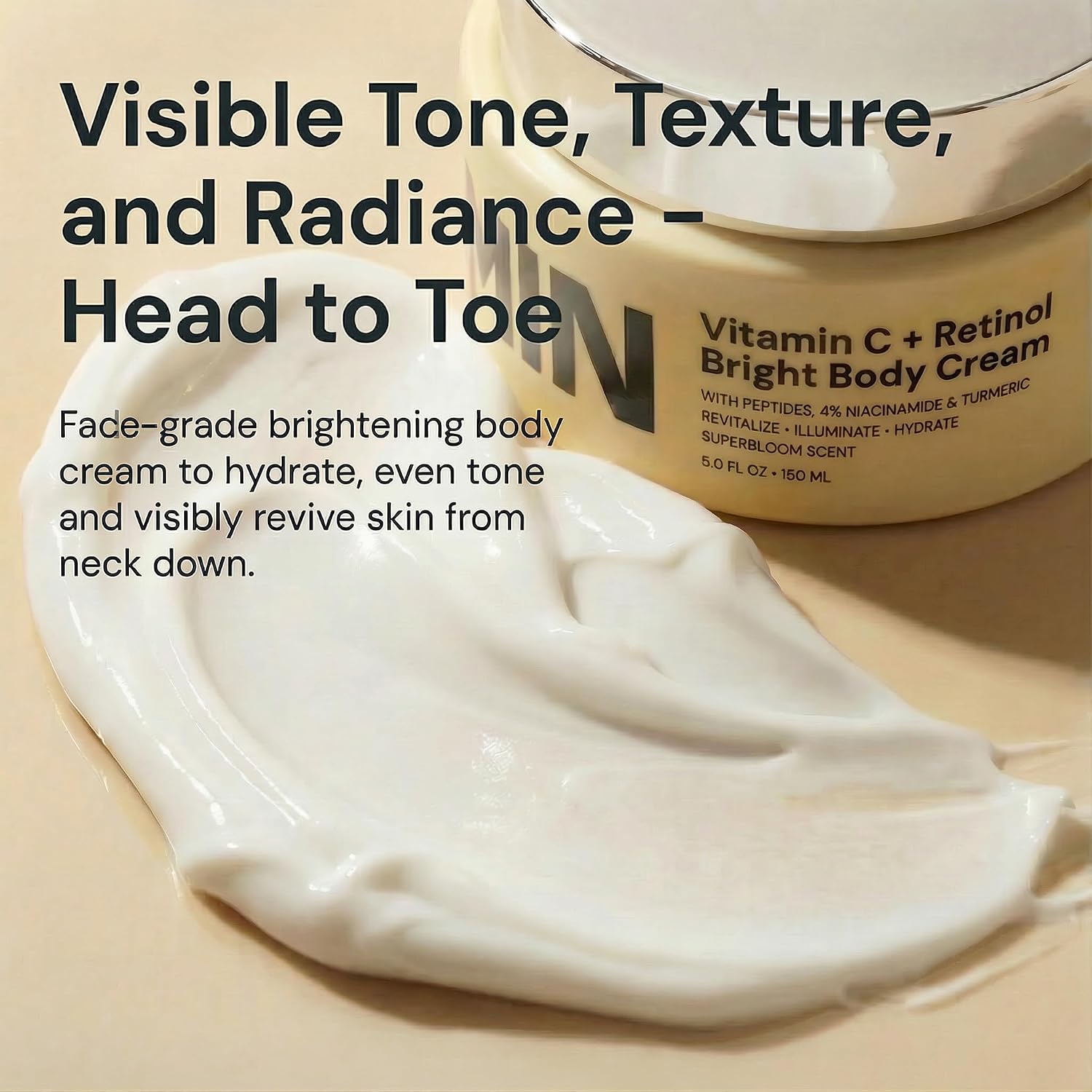 Gleamin Advanced Brightening Body Cream - Hydrating Moisturizer with Vitamin C, Retinol, 4% Niacinamide, Turmeric & Skin-Evening Peptides for Radiance and Smoother-Looking Skin - 5 fl oz