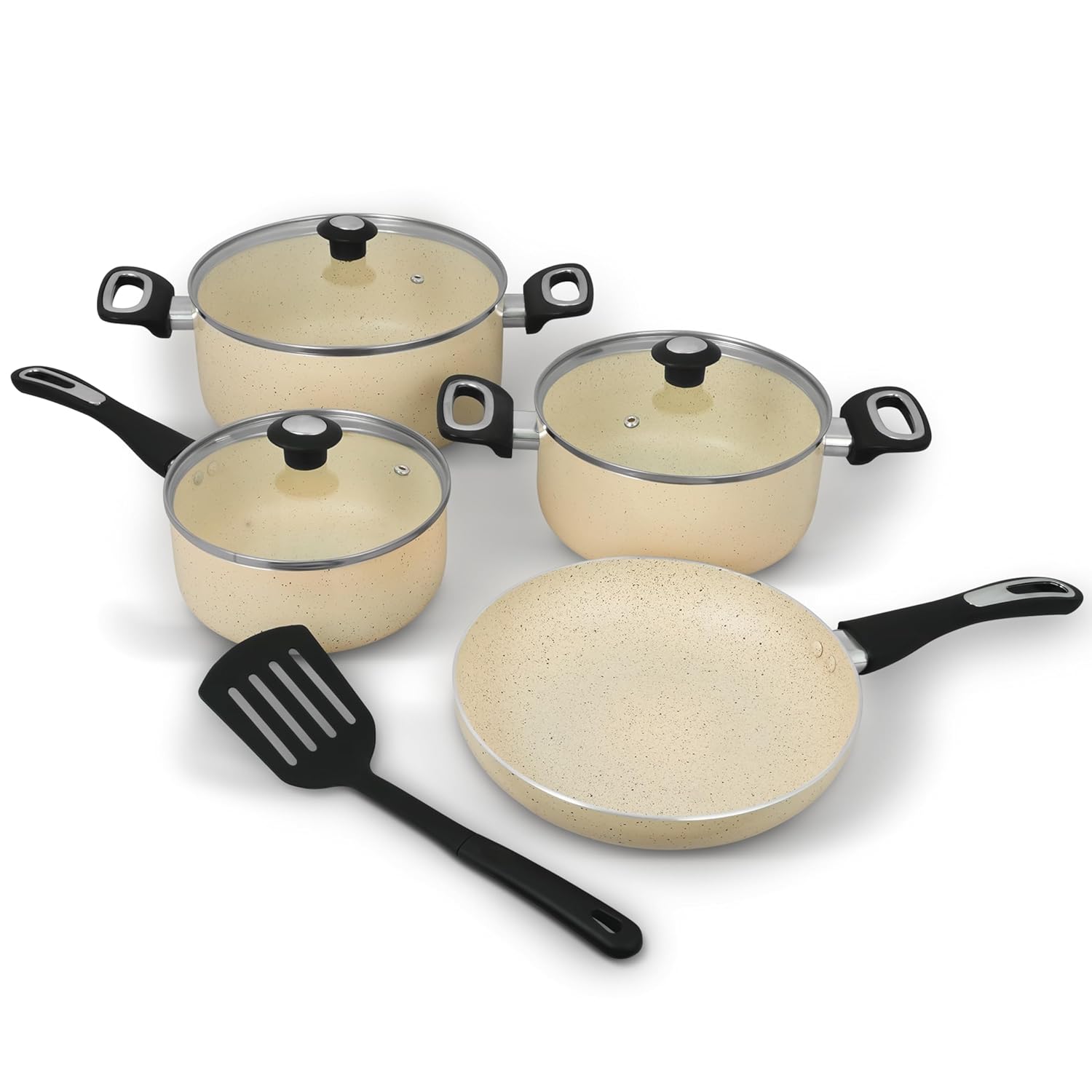 Impex 8 Piece Aluminium Nonstick Cookware Set,5 Layer Super Granite Coating,2 Saucepan With Tempered Glass Lid,Milkpan With Lid,Fraying Pan And Spatula,Induction & Gas Stove Compatible,1Years Warranty Impex 8 Piece Aluminium Nonstick Cookware Set,5 Layer Super Granite Coating,2 Saucepan With Tempered Glass Lid,Milkpan With Lid,Fraying Pan And Spatula,Induction & Gas Stove Compatible,1Years Warranty