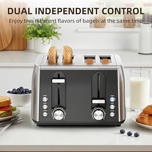 Miniatura 3 de Tostadora de 4 rebanadas, 6 ajustes de tostado, bandeja extraíble para migas, tostadora de pan de acero inoxidable para bagels, magdalenas, gofres,