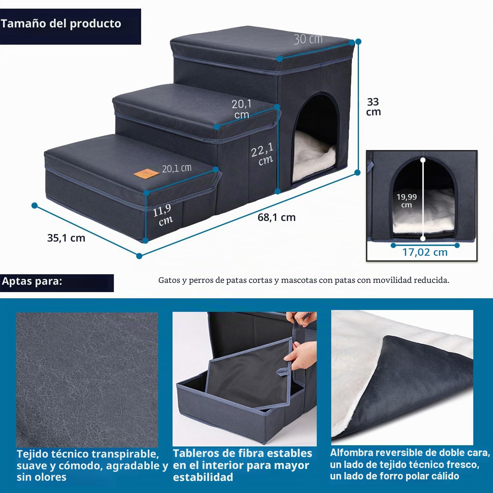 Escalera para Perros de 3 Peldaños, Portátiles Extraíble Escalera para Mascotas con Cajas de Almacenamiento, Rampa Mascotas con Fondo Antideslizante, para Perros Pequeños, Gatos (Azul)