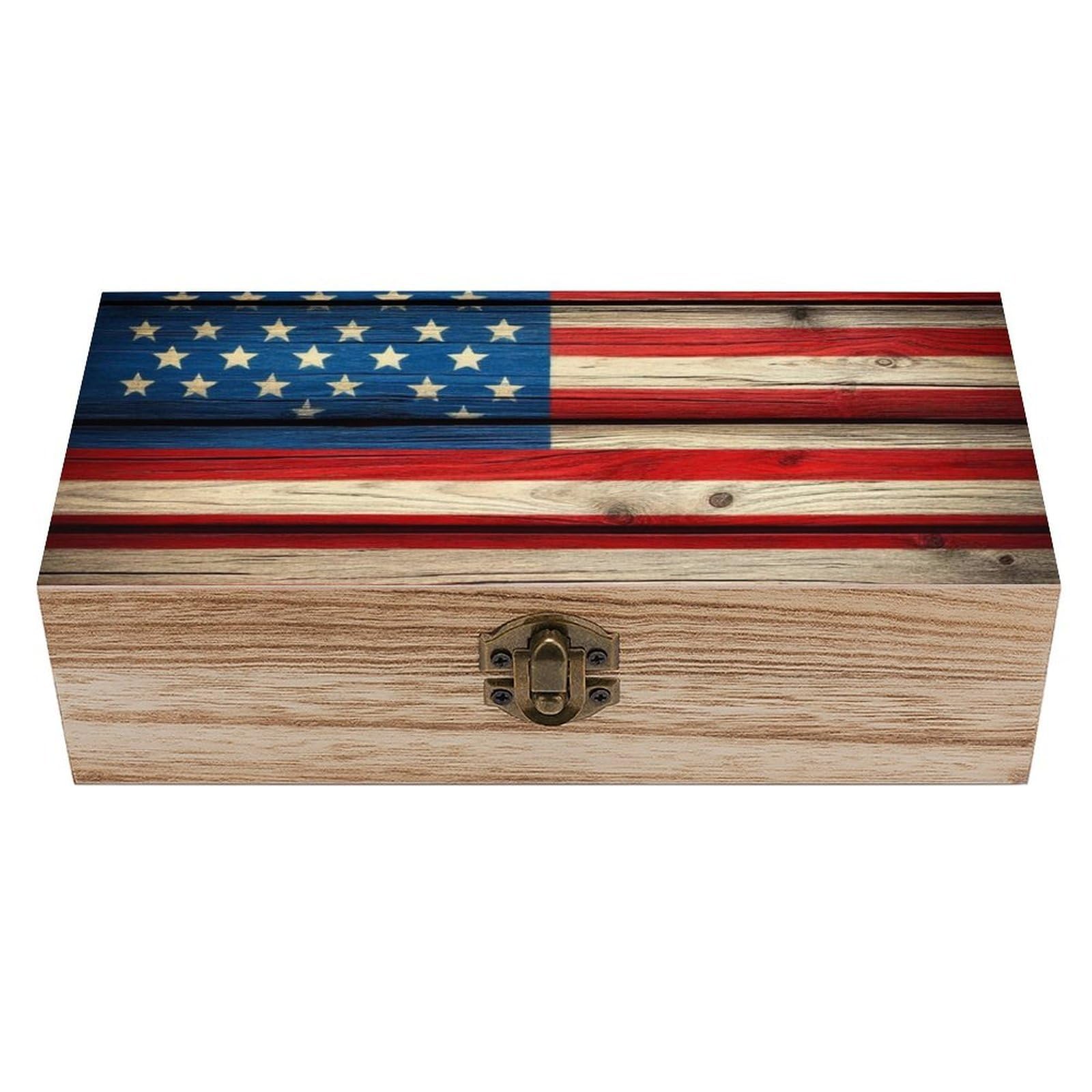 HLBSDM Wooden Storage Box Decorative Memory Box, Vintage Wooden American Flag Wooden Keepsake Box with Lid Jewelry Organizer Box for Birthday Wedding