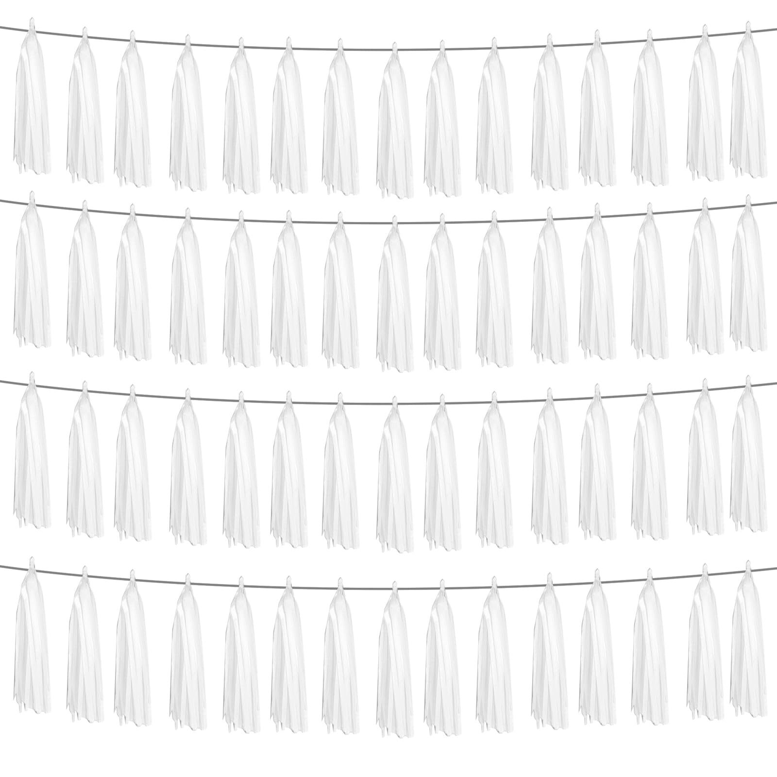 4P White Foil Fringe Metallic Tassel Streamers Banner Tassel Garland for Parade Floats, Graduation, Wedding, Birthday, Halloween, Christmas, Bridal/